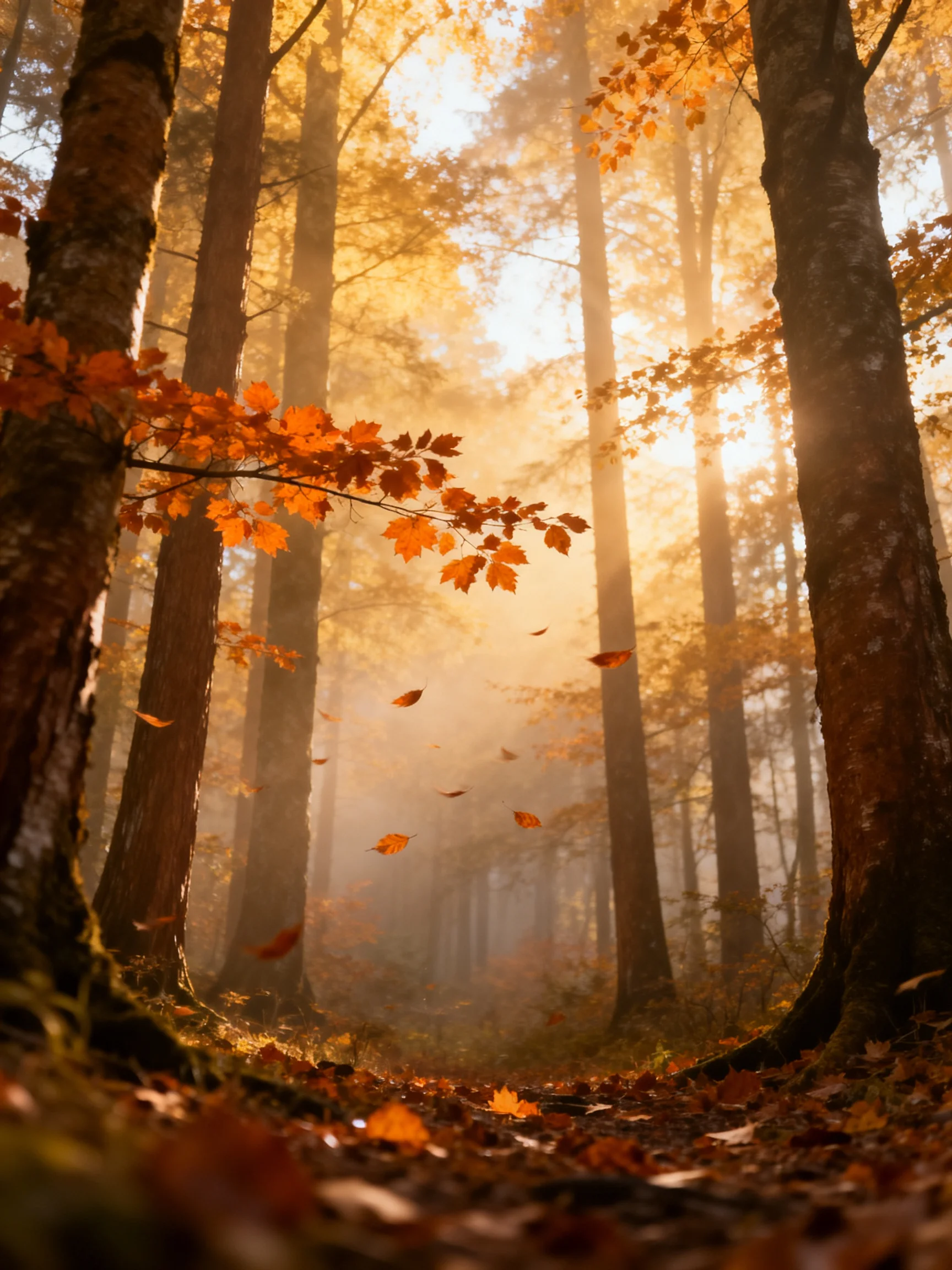 Autumn Forest Illuminated by Golden Sunlight with Falling Leaves