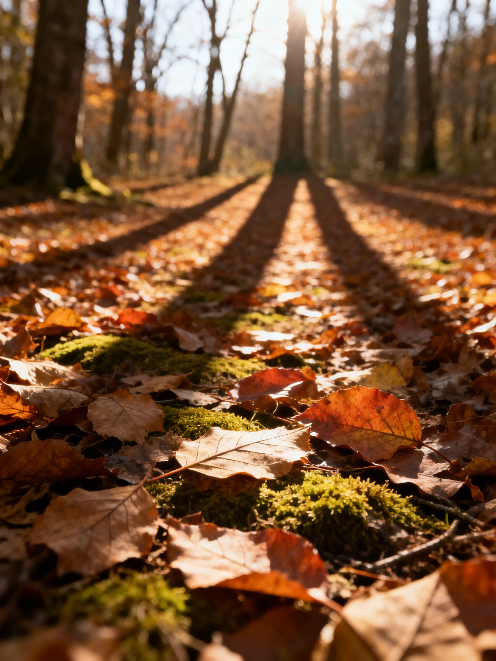 Autumn Forest Path with Golden-Brown Leaves and Green Moss