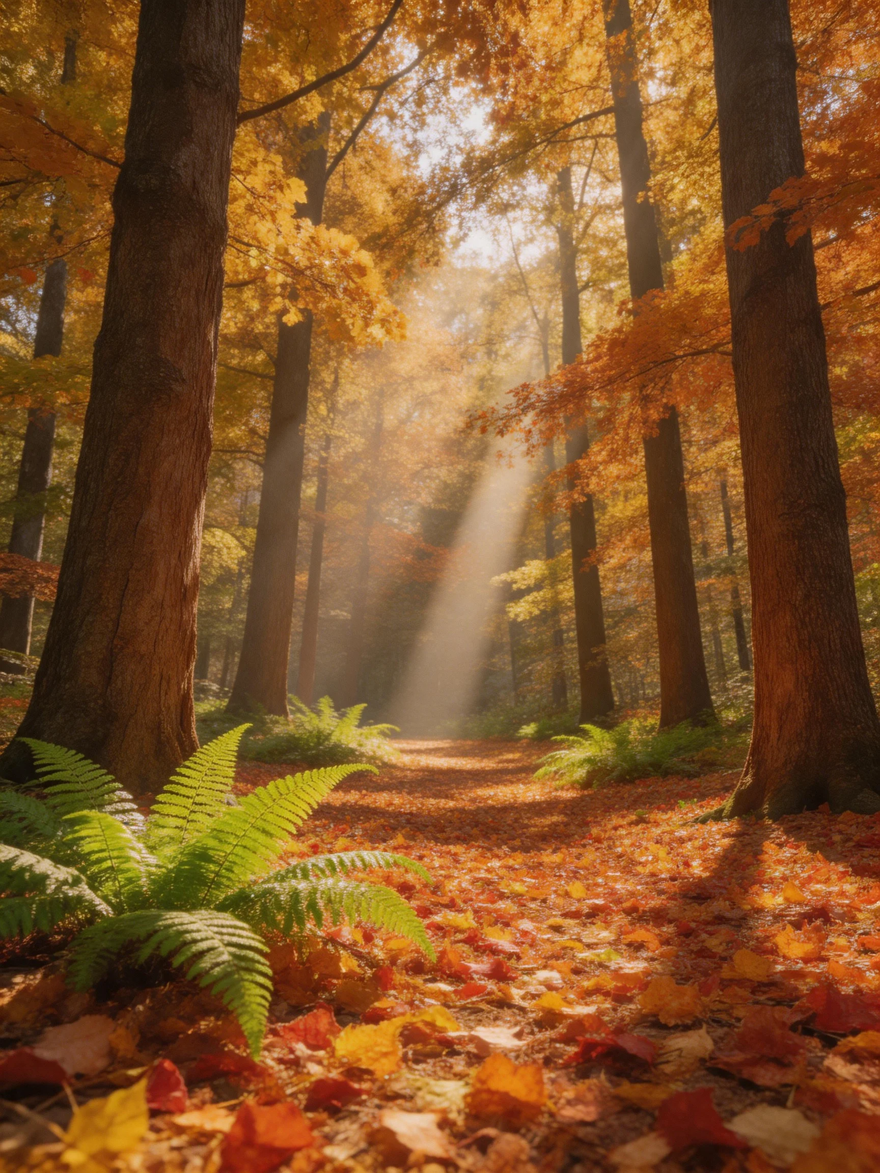 Autumn Forest Path with Golden Foliage and Sunbeams