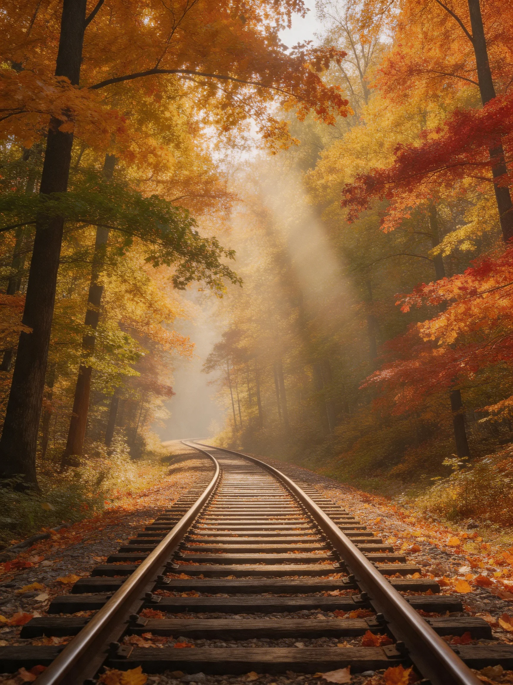 Autumn Forest Railroad Tracks with Golden and Red Foliage