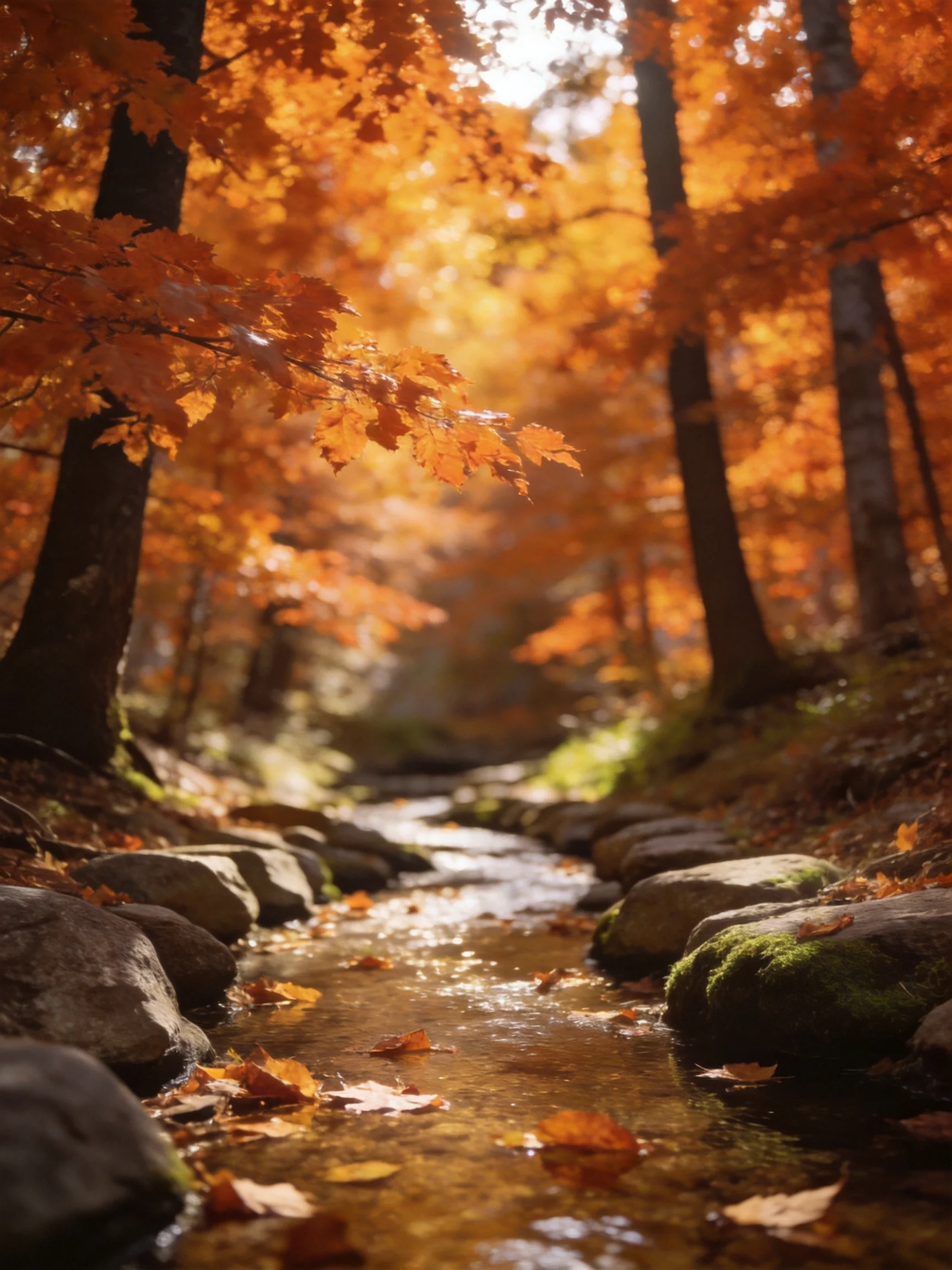 Autumn Forest Stream with Moss-Covered Rocks and Golden Foliage