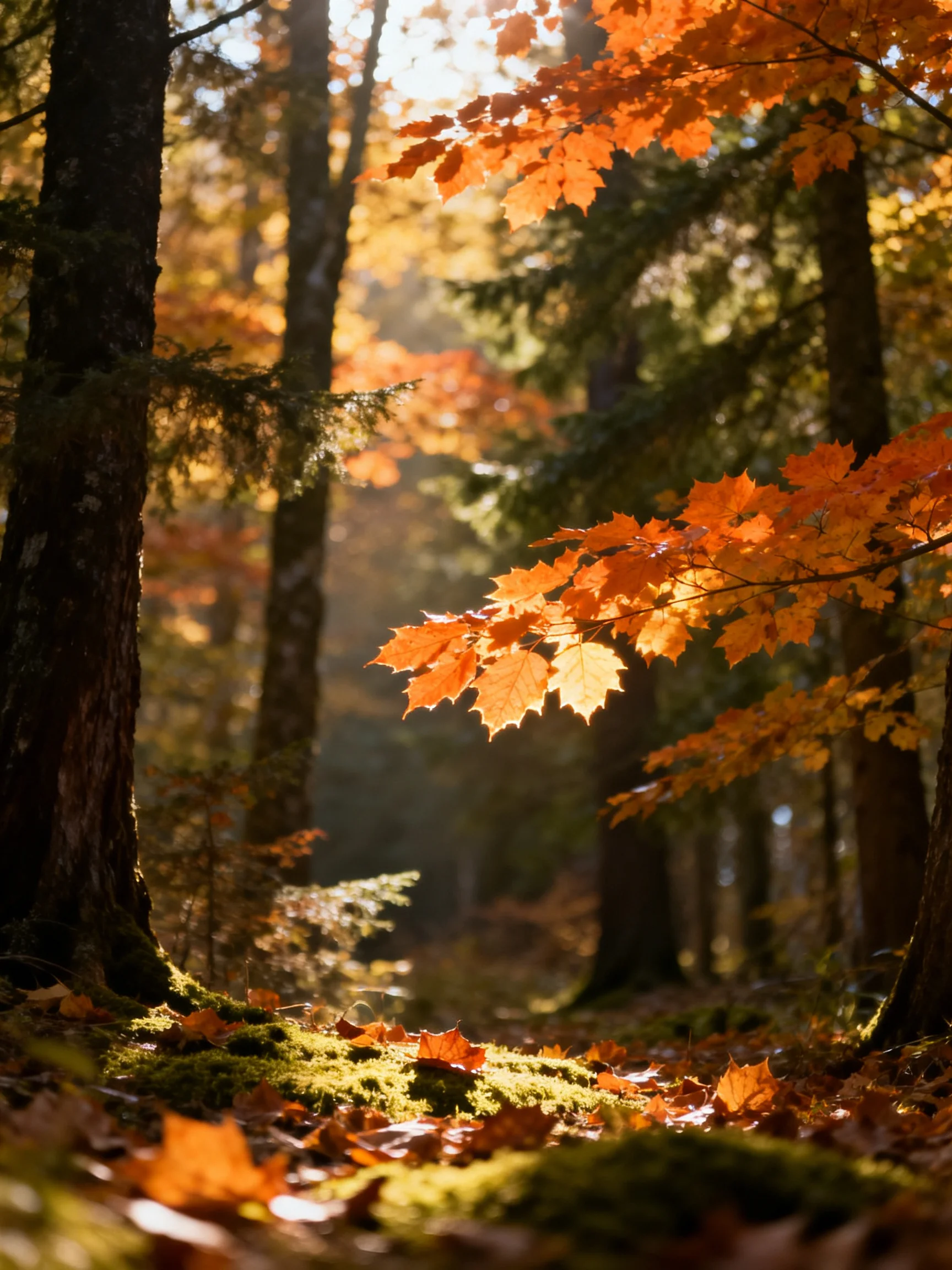 Autumn Forest with Orange Leaves and Mossy Ground