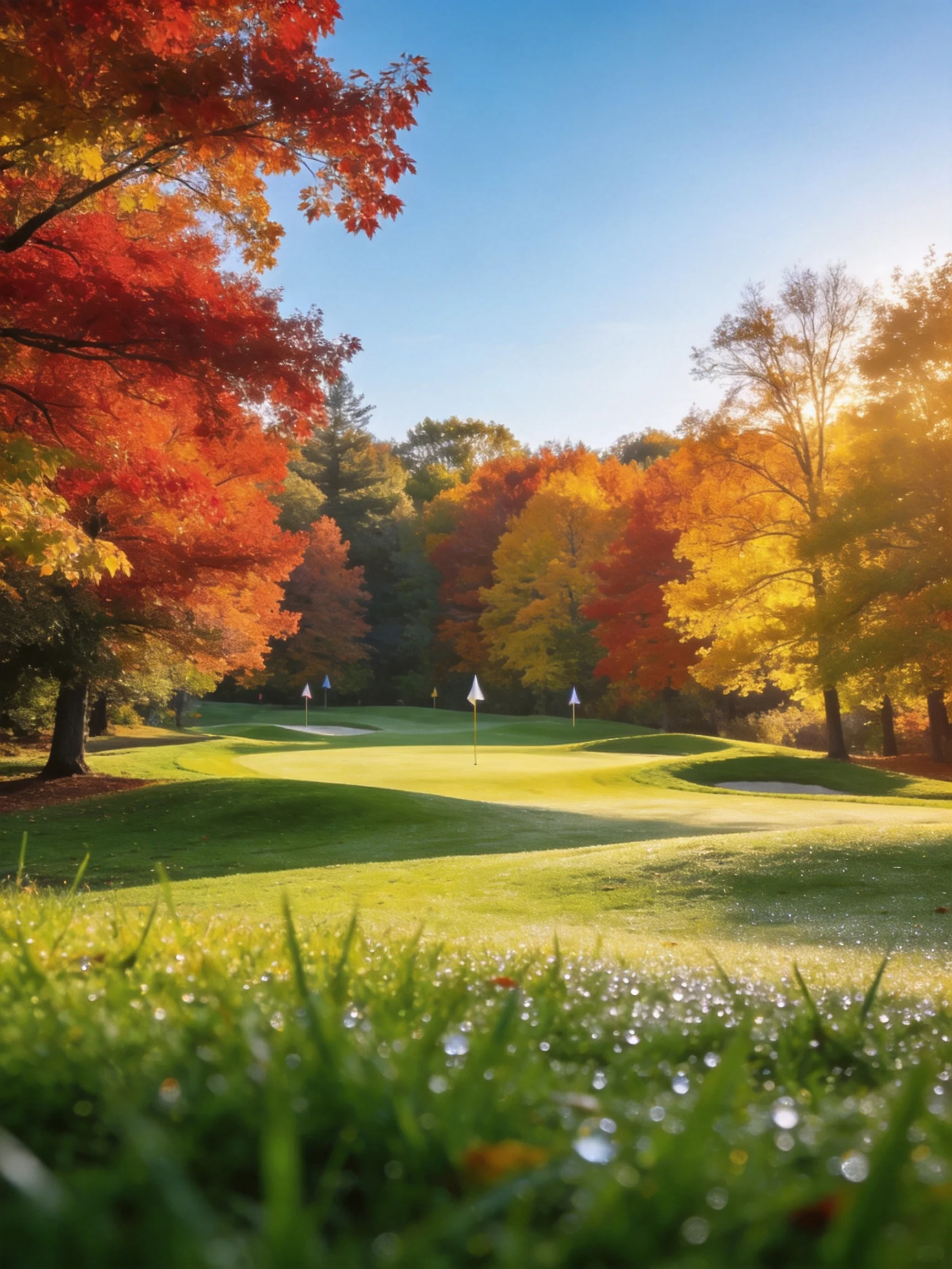 Autumn Golf Course with Vibrant Fall Foliage and Sunlit Greens