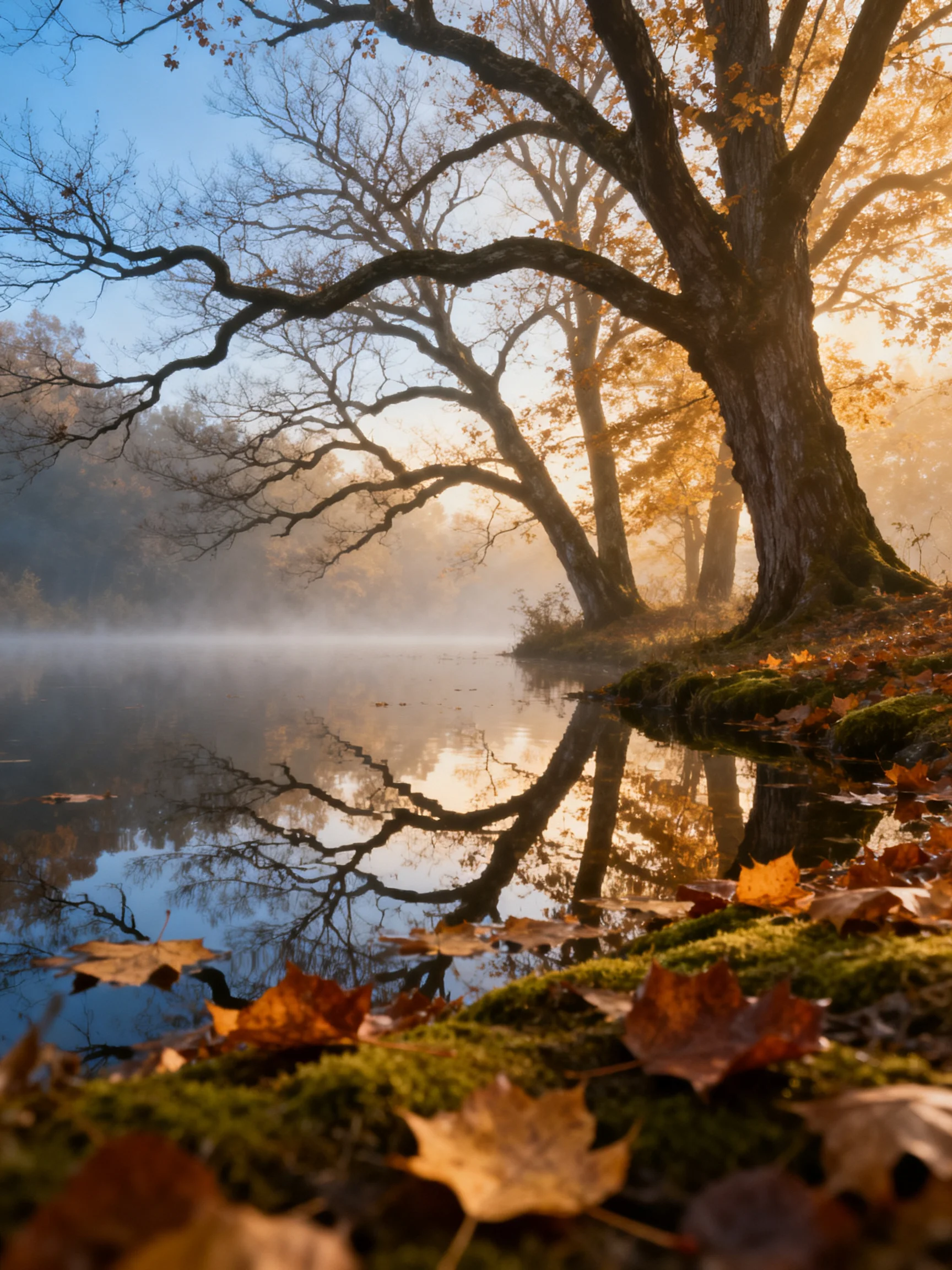 Autumn Lake Scene with Large Trees and Golden Leaves