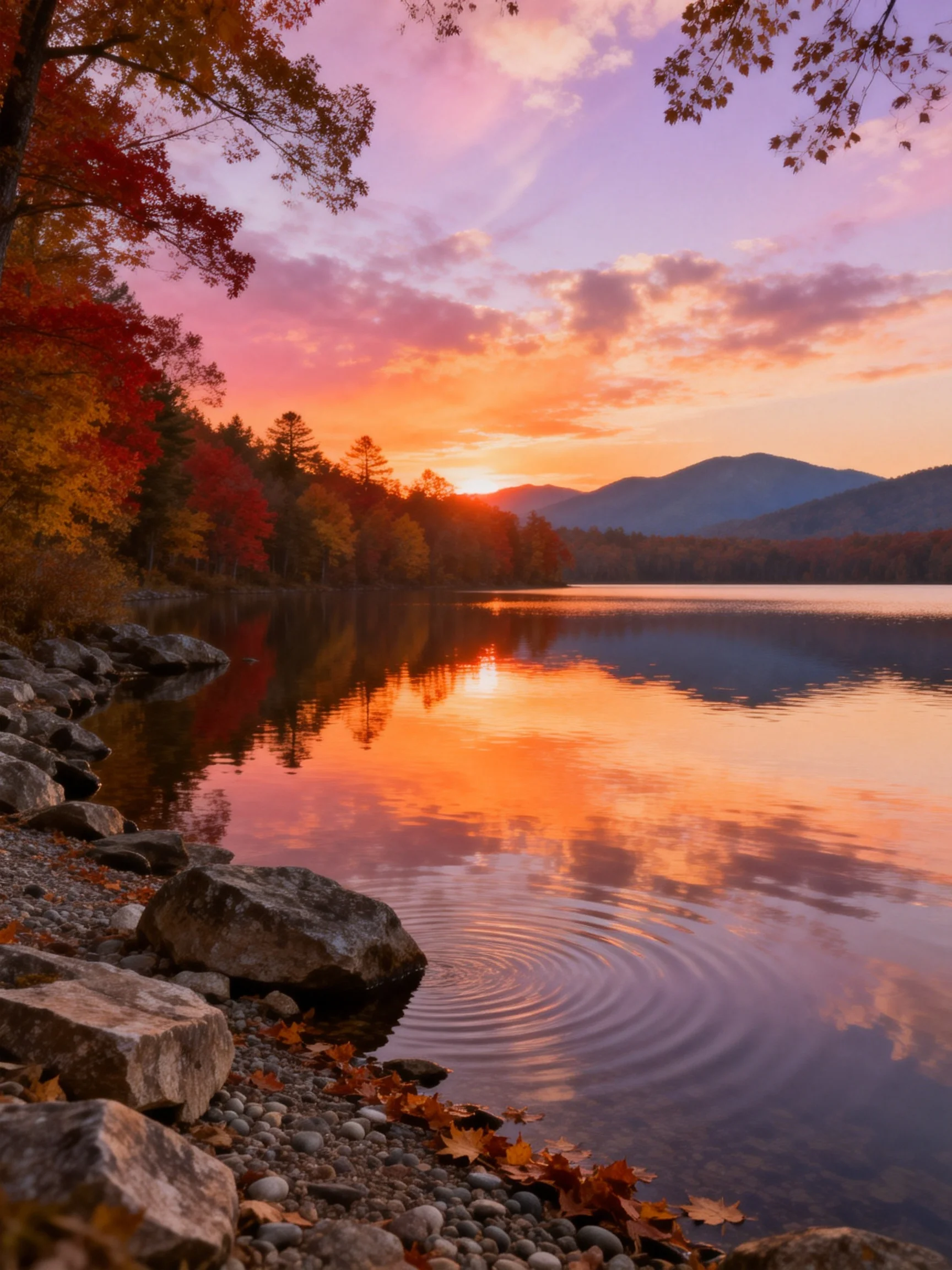 Autumn Lake Sunset with Colorful Trees and Mountain Reflections