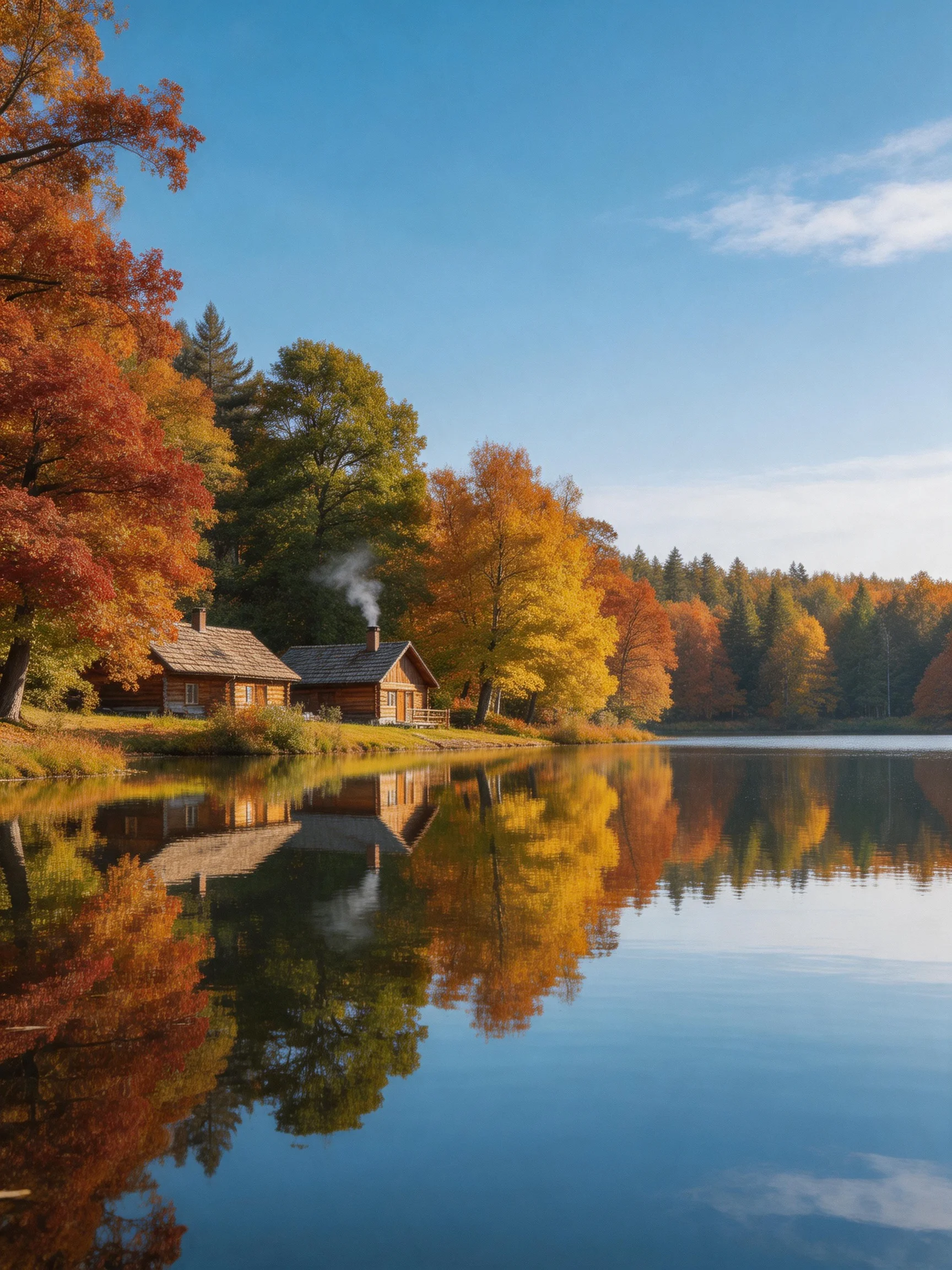 Autumn Log Cabins by a Reflective Lake with Colorful Trees