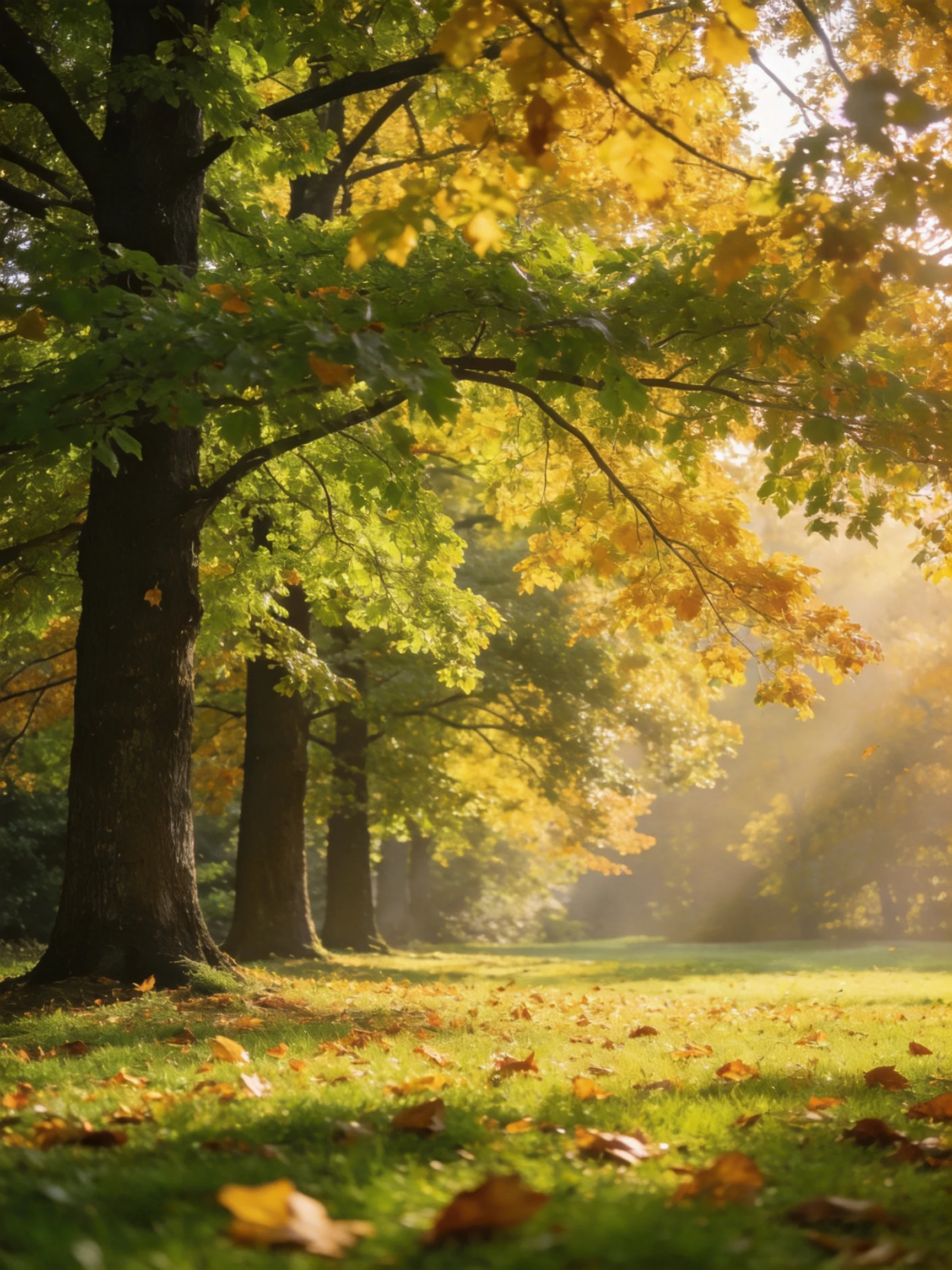 Autumn Park with Golden and Green Foliage