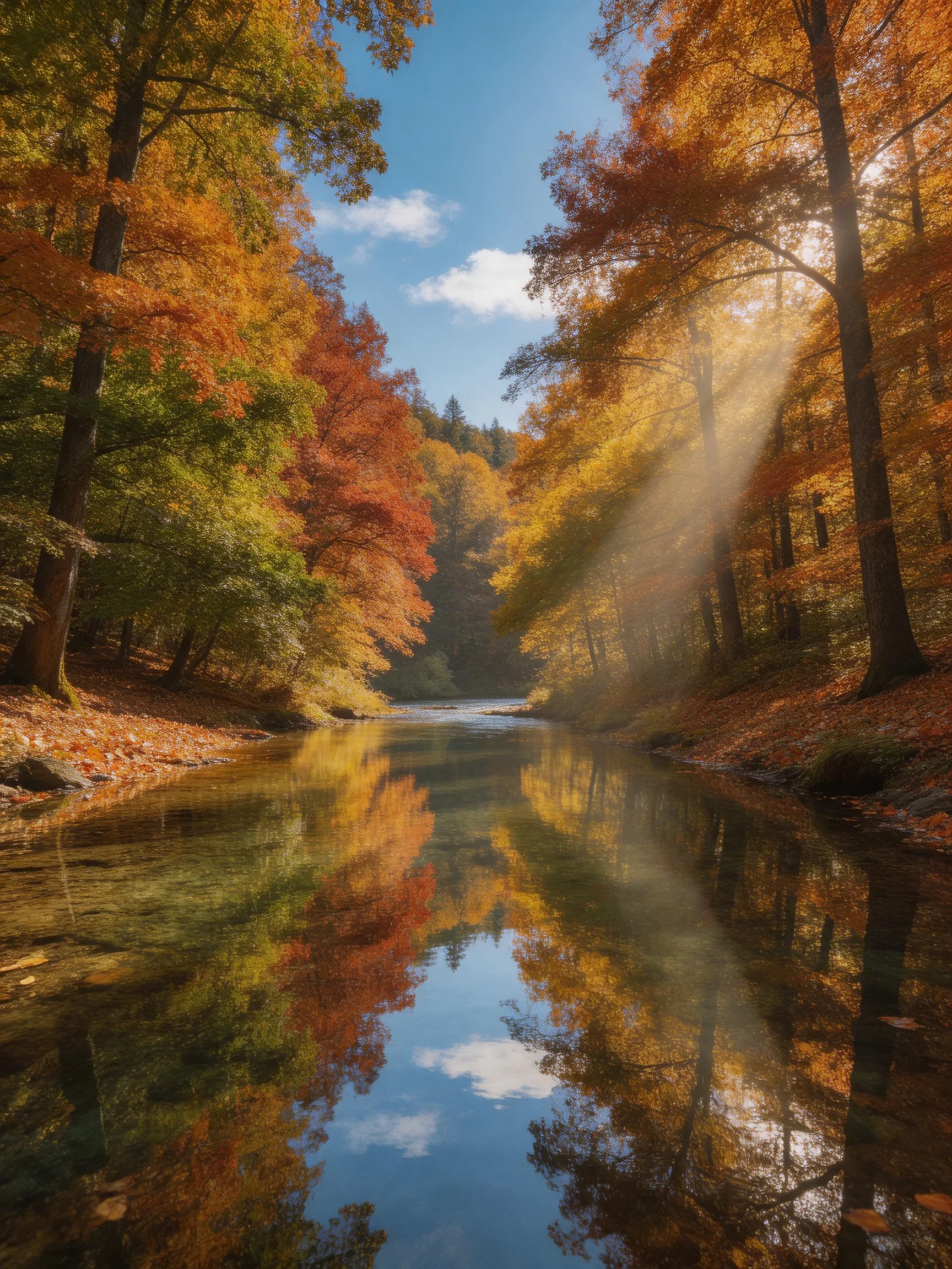 Autumn River Between Colorful Trees and Sunlight