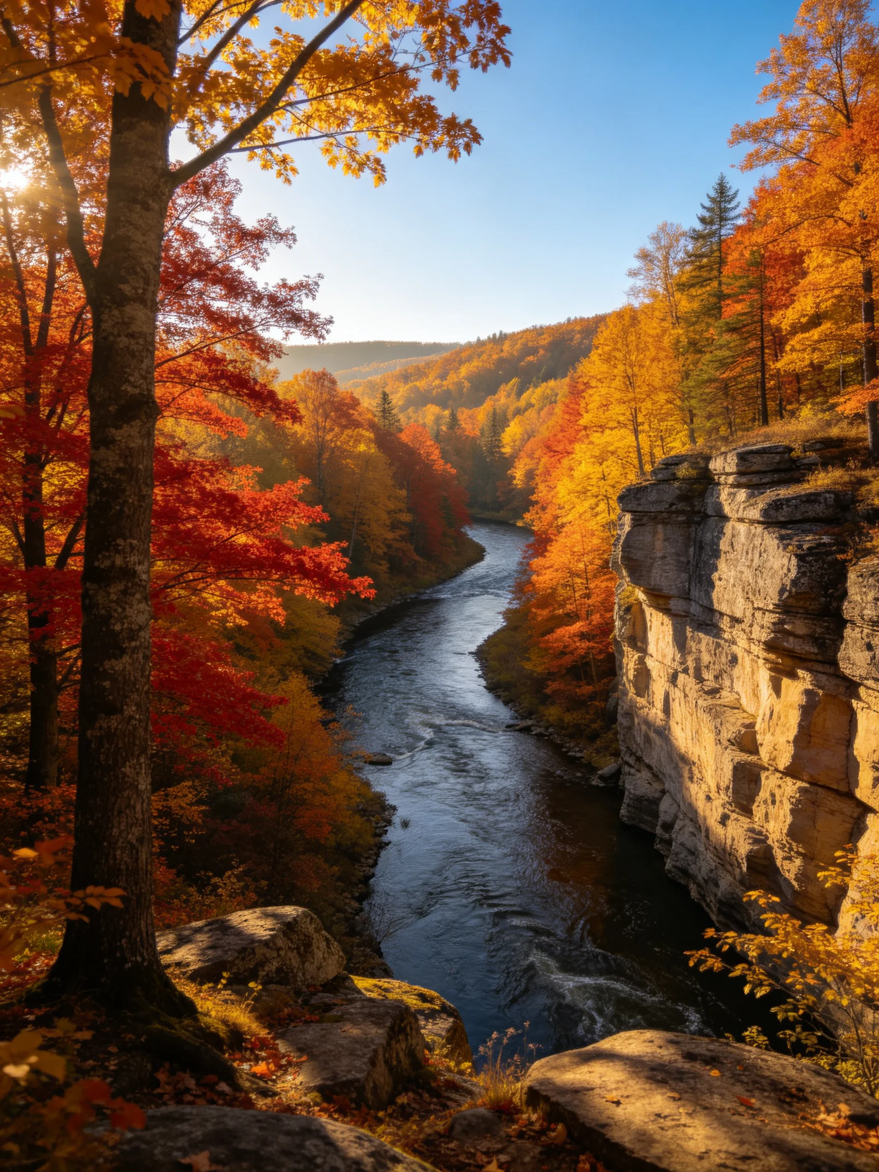 Autumn River Flows Through Colorful Forested Cliffs