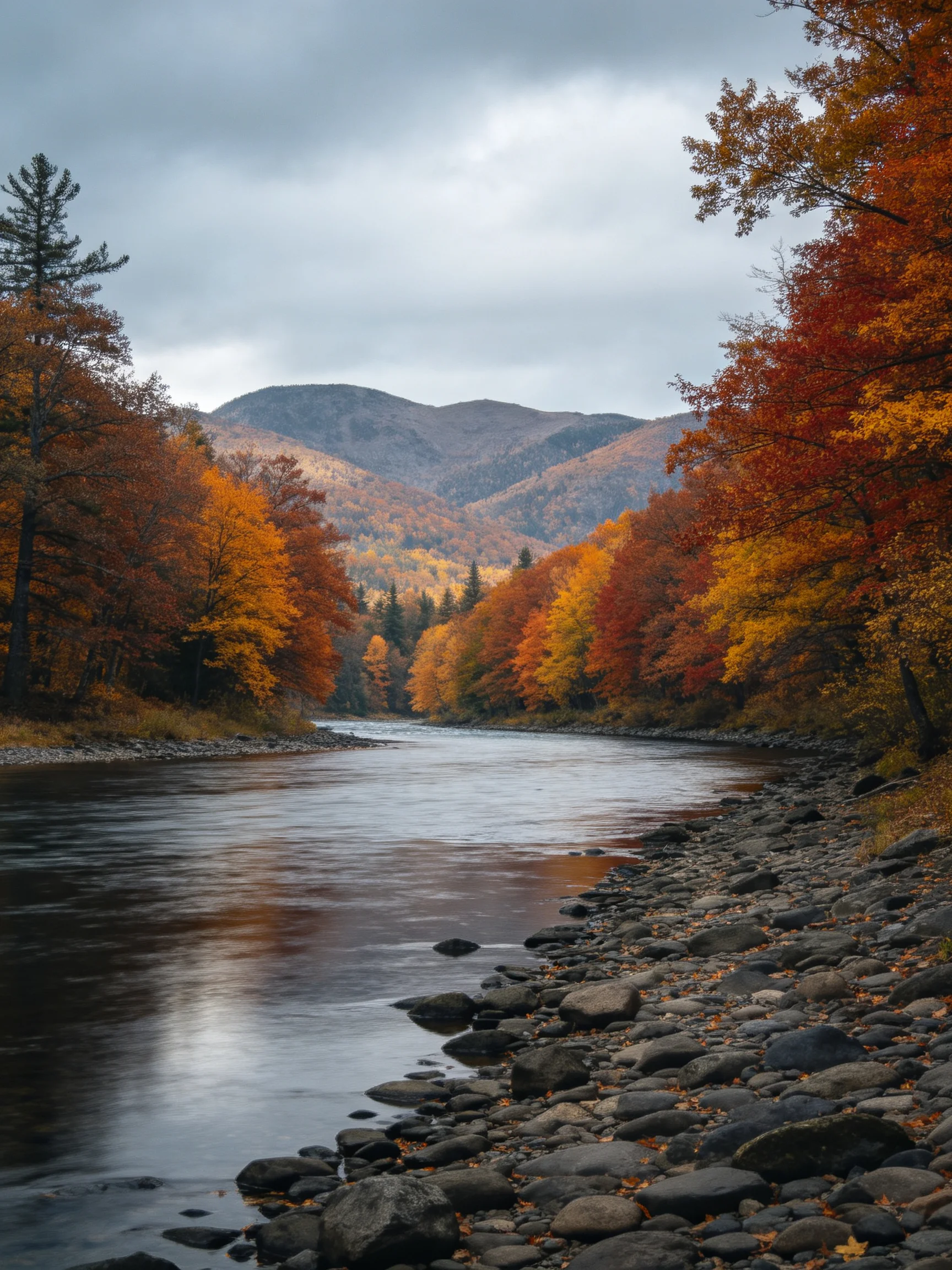 Autumn River with Vibrant Fall Foliage Along Rocky Banks