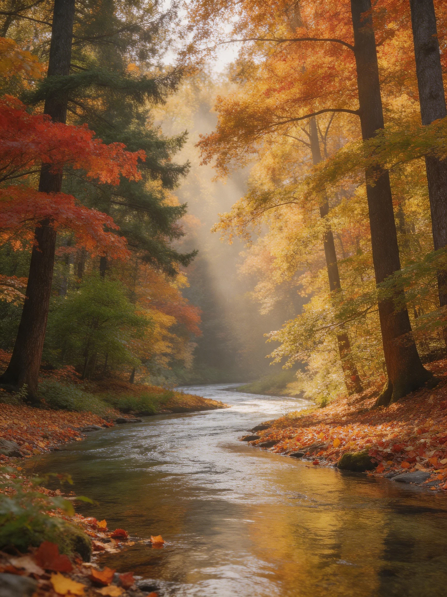 Autumn Stream Through Colorful Forest with Misty Light