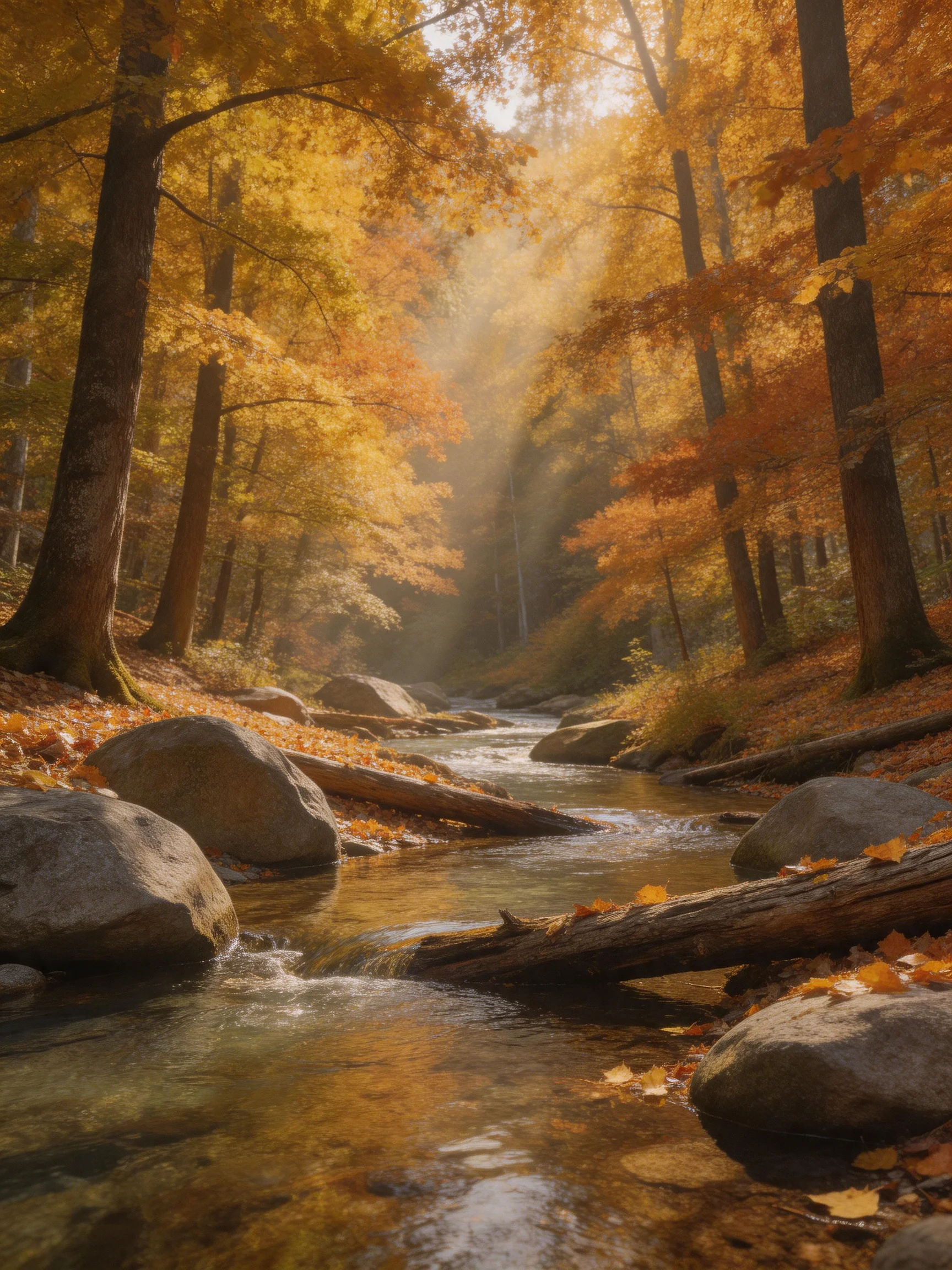 Autumn Stream Winds Through Golden Forest Valley