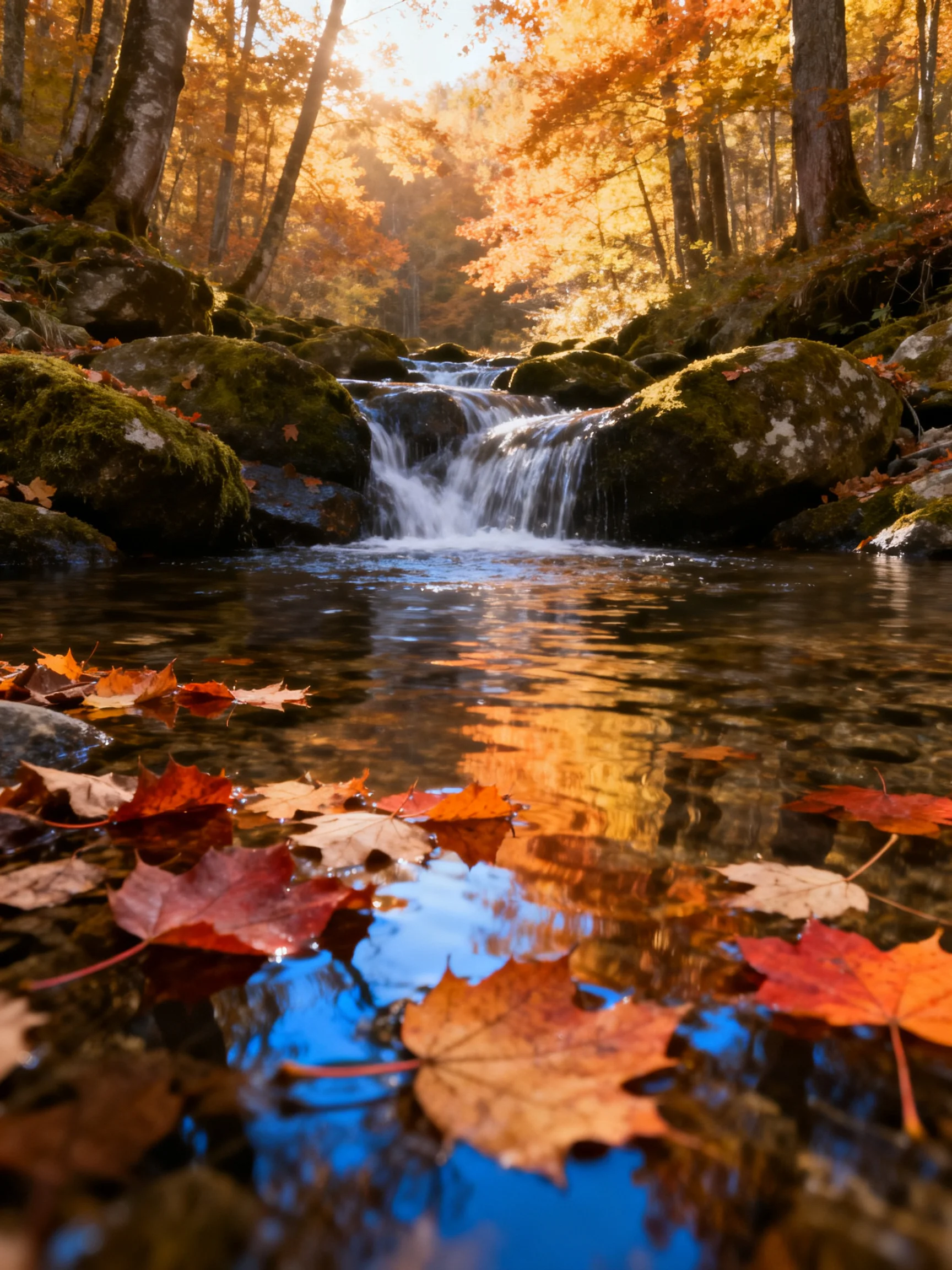 Autumn Stream with Golden Leaves and Moss-Covered Rocks