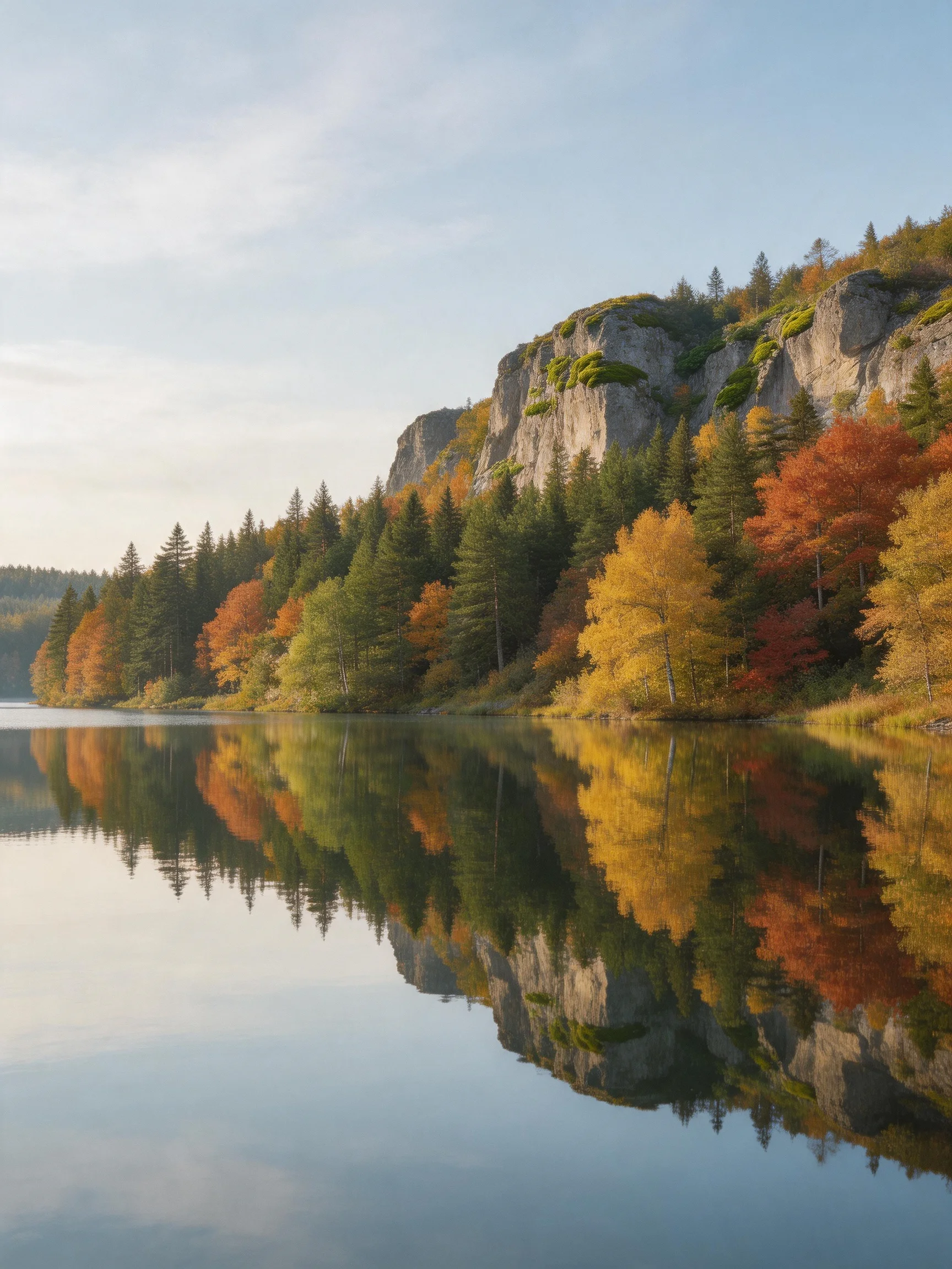 Autumn cliffs reflect in a calm lake with colorful fall trees