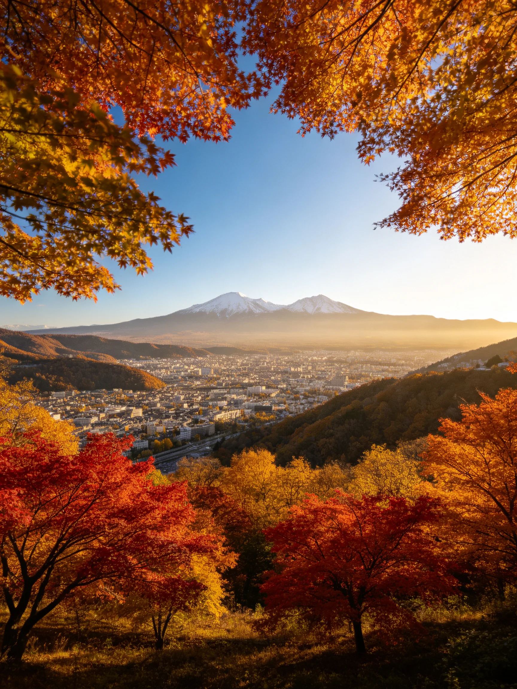 Autumn foliage frames a city below snow - capped mountains