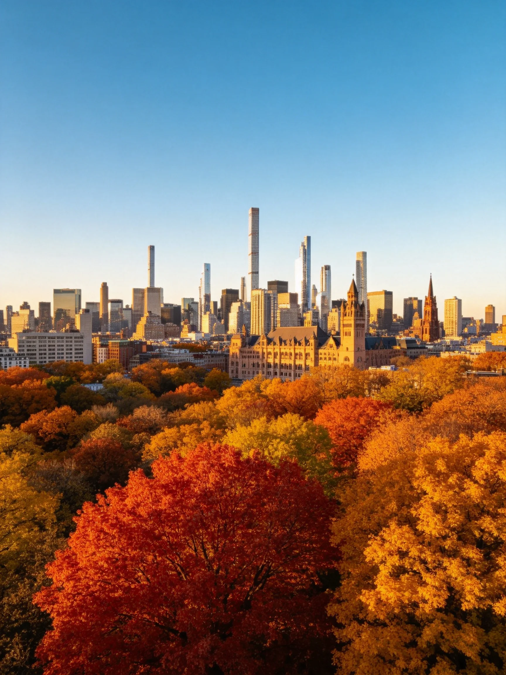 Autumn foliage with golden, crimson trees and modern skyscrapers