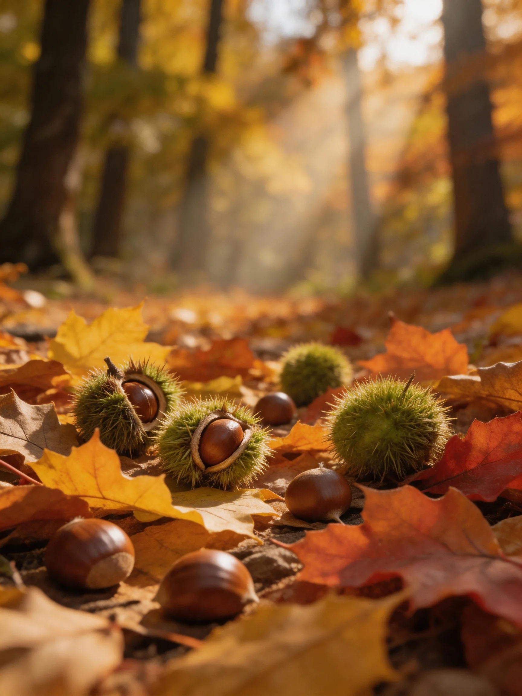 Autumn forest floor with spiky green chestnuts and golden leaves