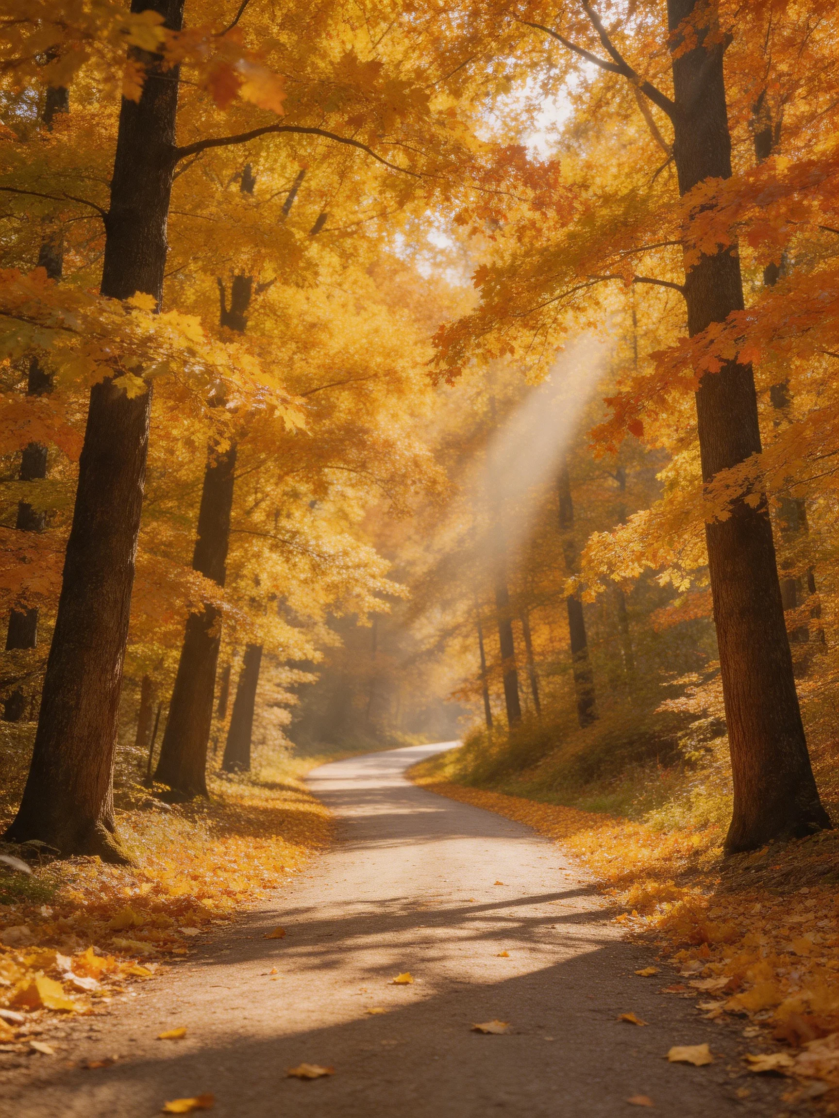 Autumn forest path lined with golden-orange trees and sunbeams