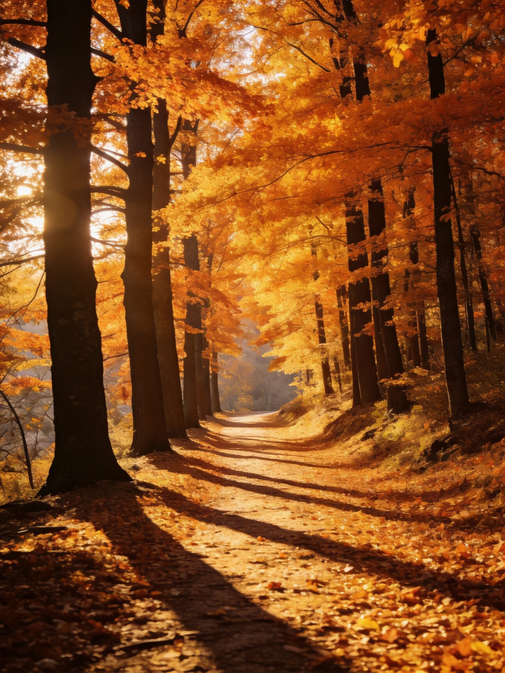 Autumn forest path lined with tall trees, golden foliage