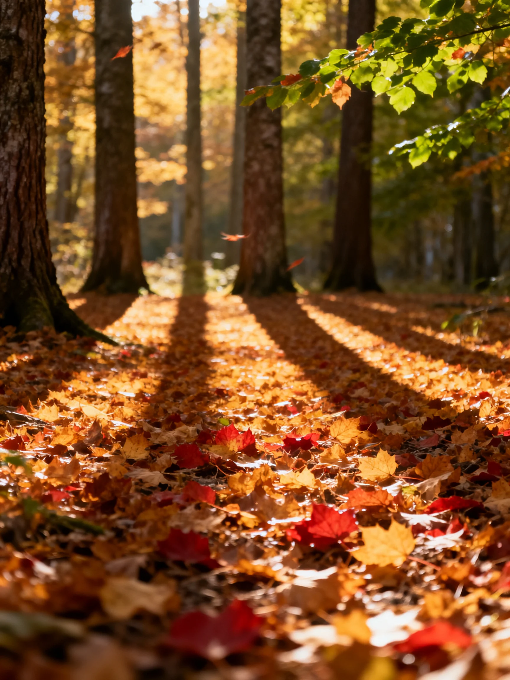 Autumn forest path with golden leaves and tall brown trunks