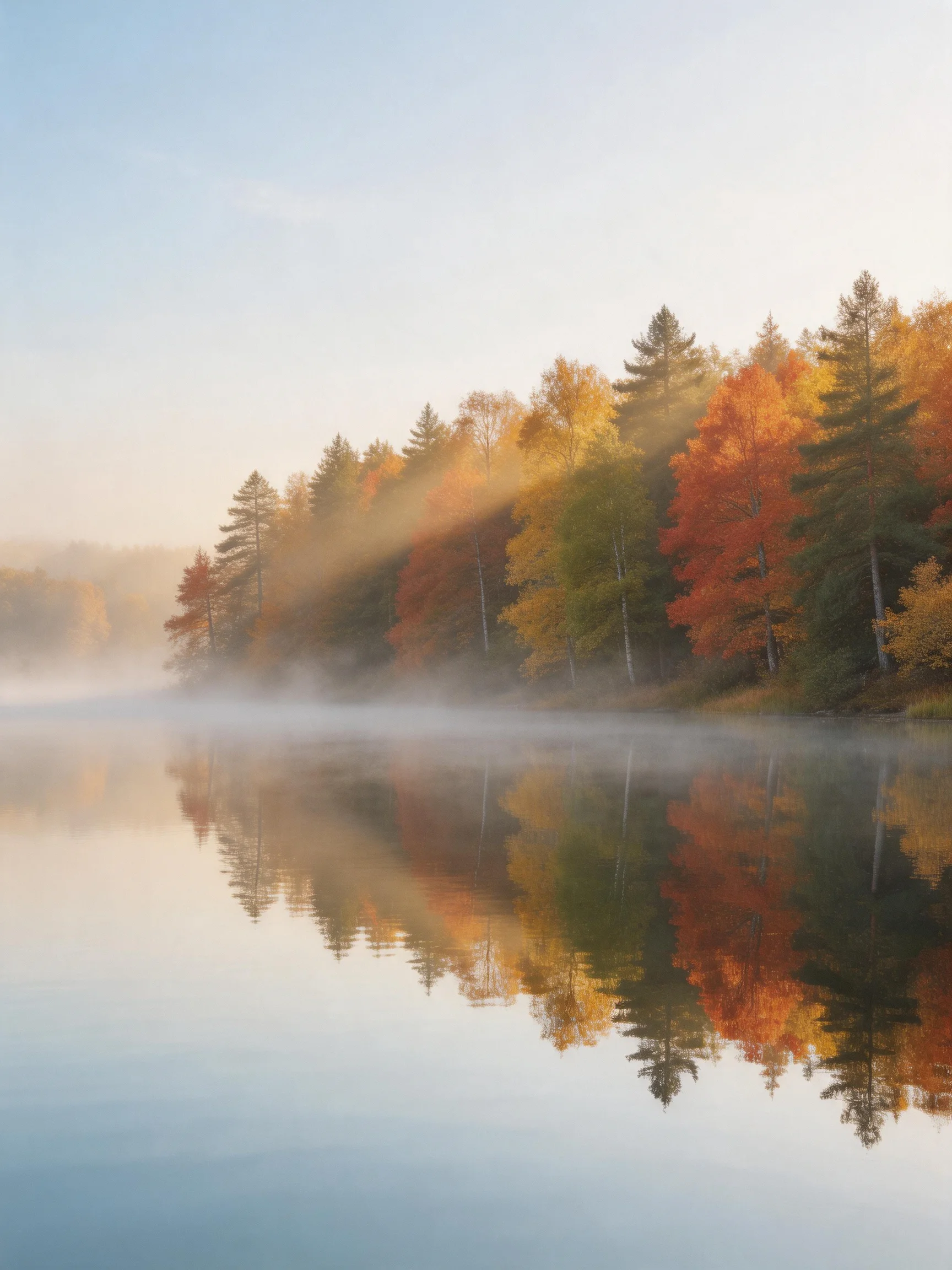 Autumn forest reflected in calm lake with morning mist