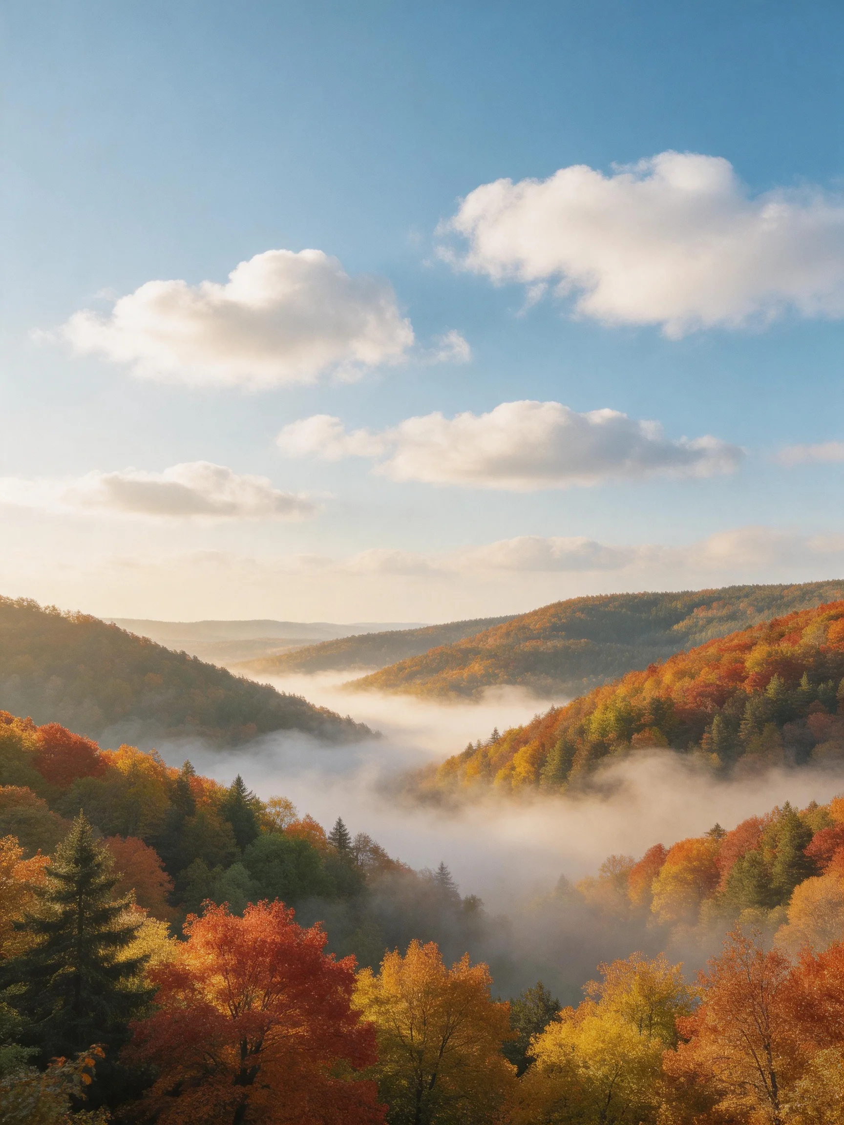 Autumn forest valley with colorful foliage and morning mist