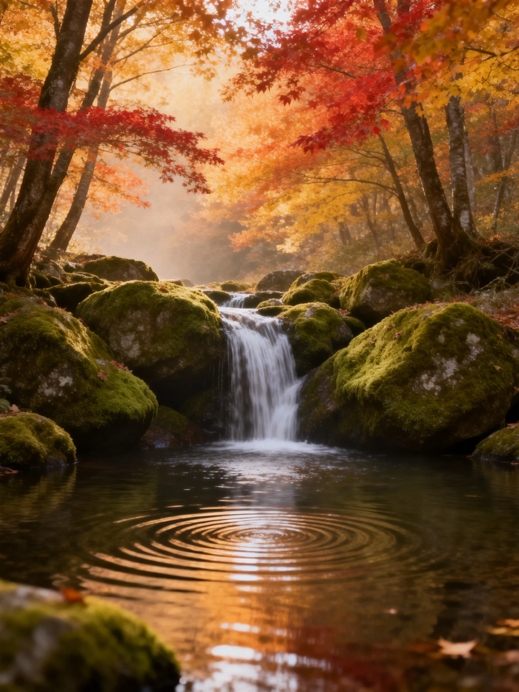 Autumn forest waterfall with mossy rocks and colorful foliage