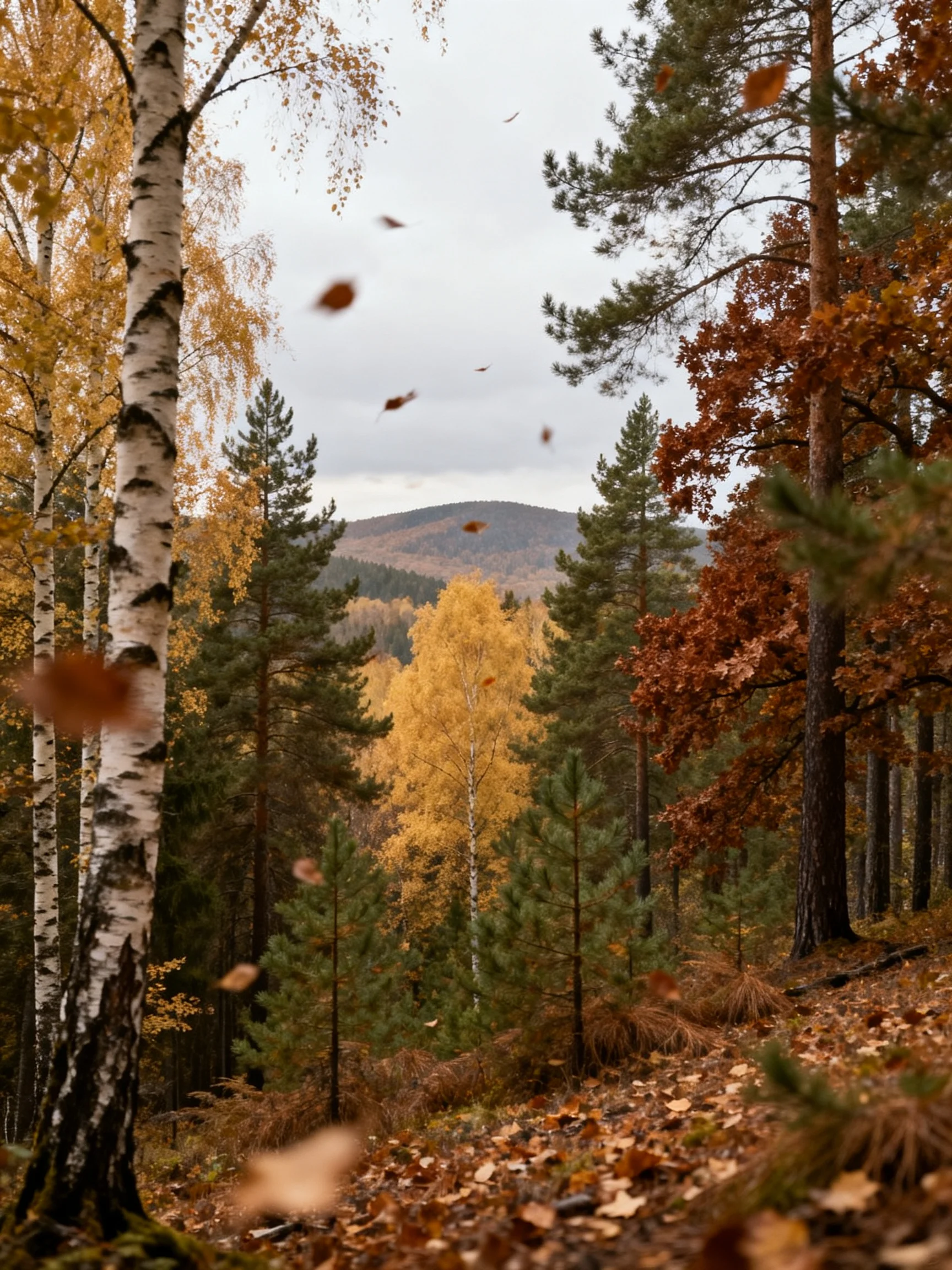 Autumn forest with birches, pines, and colorful foliage