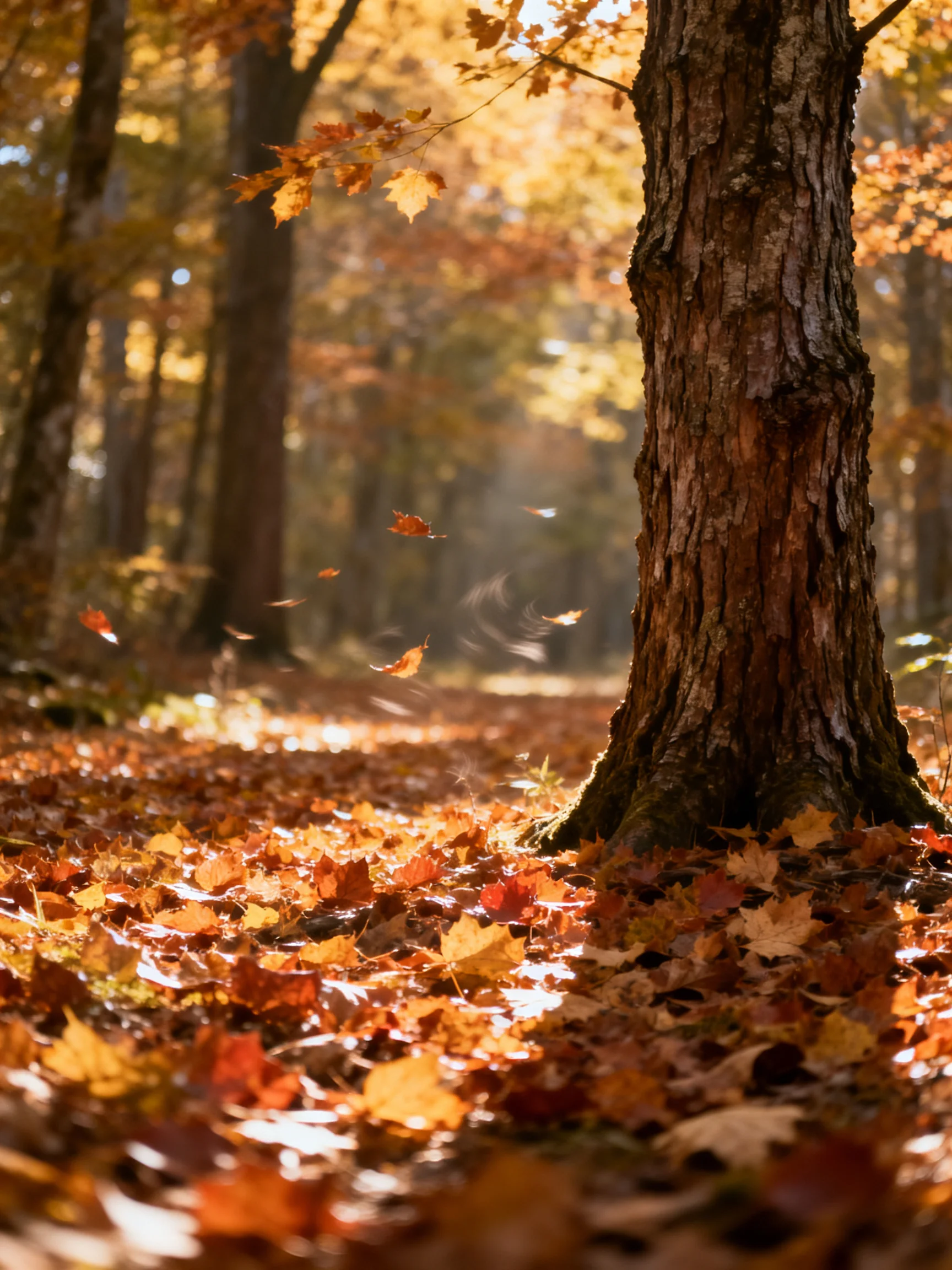 Autumn forest with colorful fallen leaves and sunlit ground