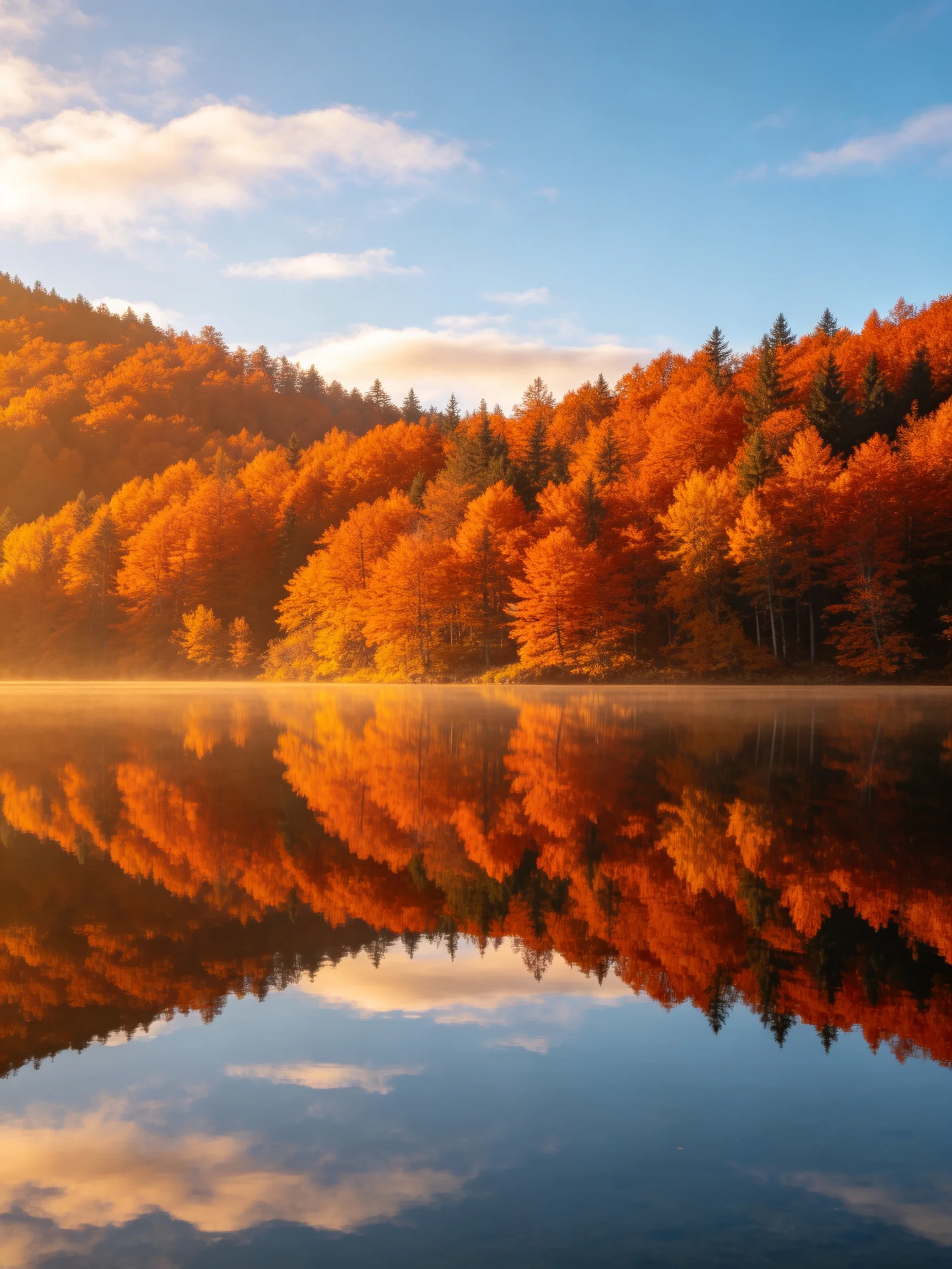 Autumn forest with fiery foliage reflected in calm lake waters