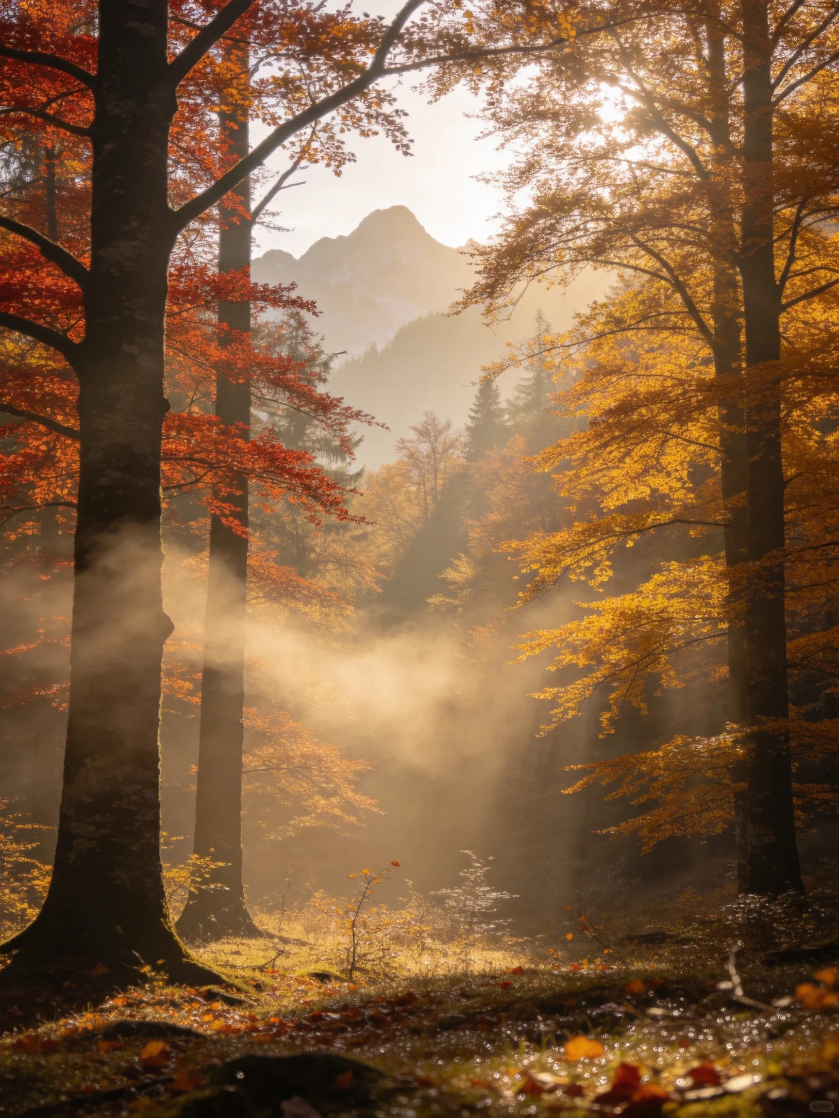 Autumn forest with golden and crimson trees, misty mountain backdrop