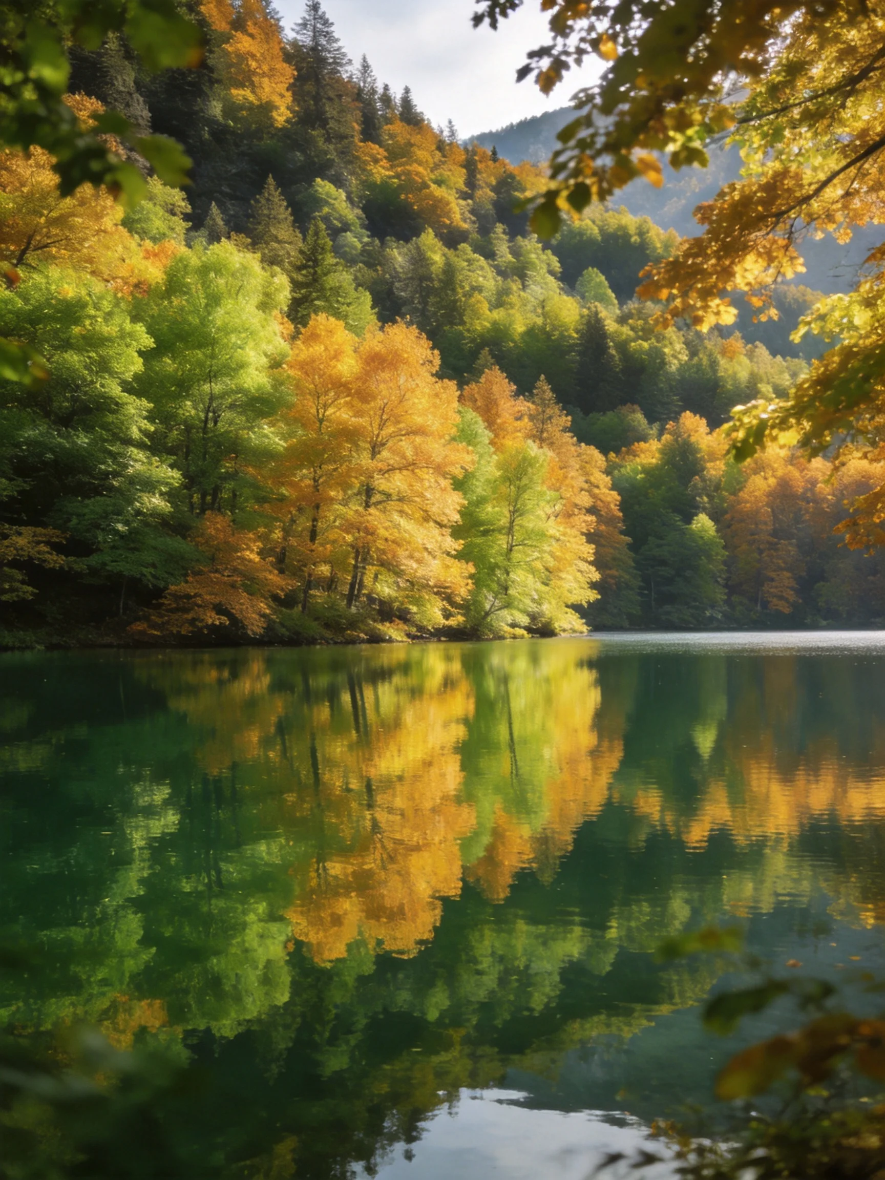 Autumn forest with golden and green trees reflected in calm lake