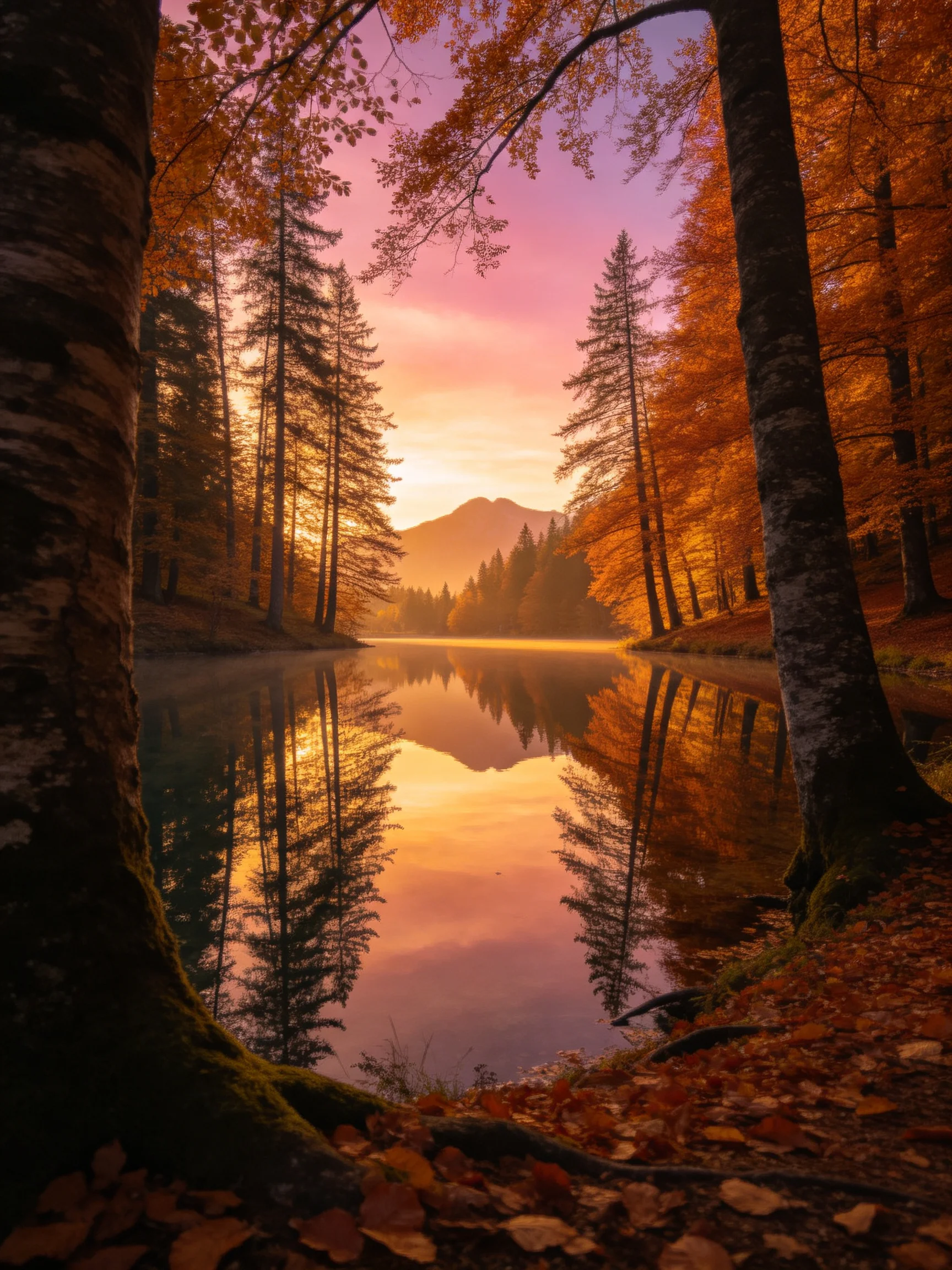 Autumn forest with golden foliage reflects in calm lake at sunrise