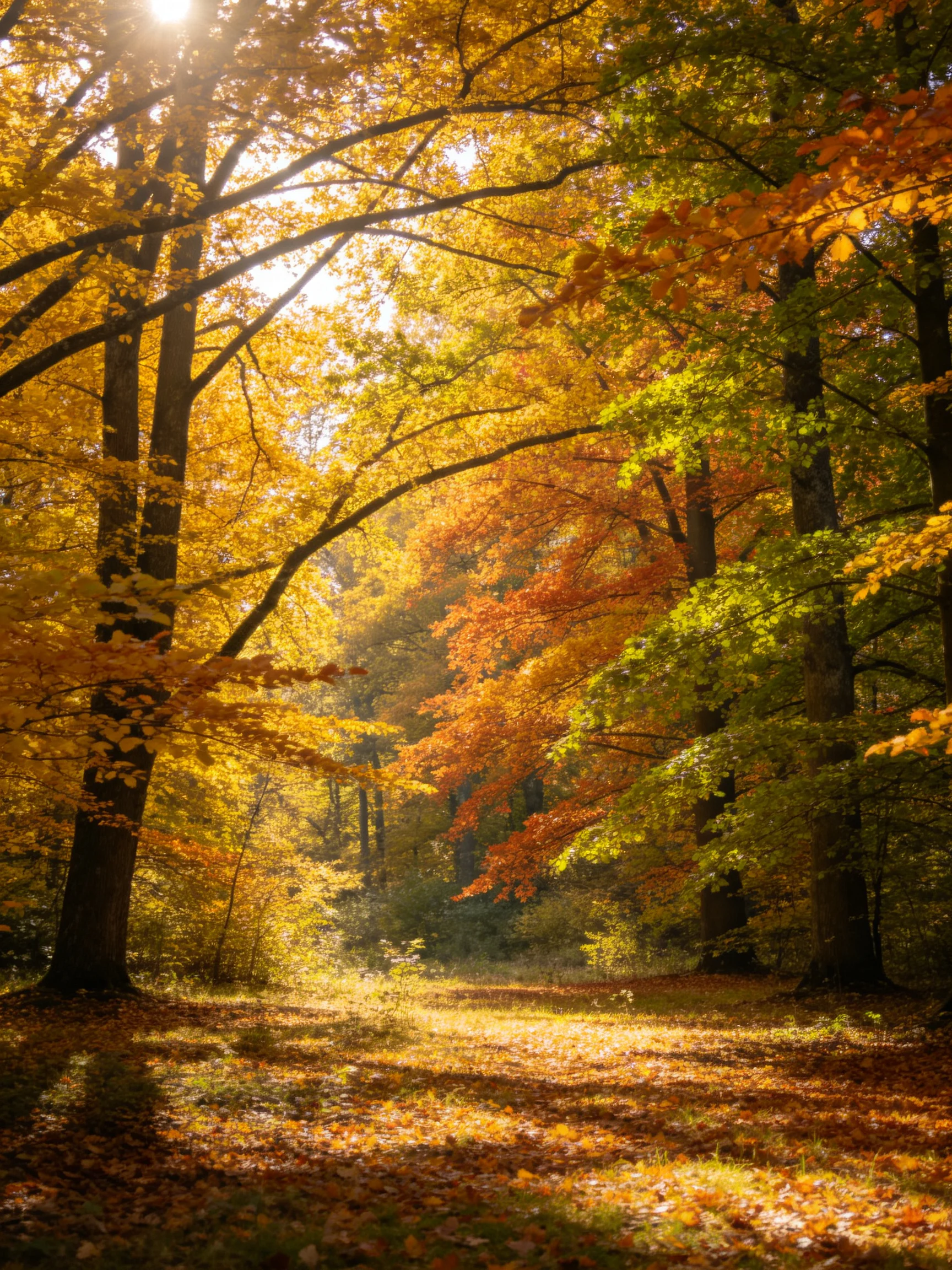 Autumn forest with golden, orange, and green foliage under sunlight