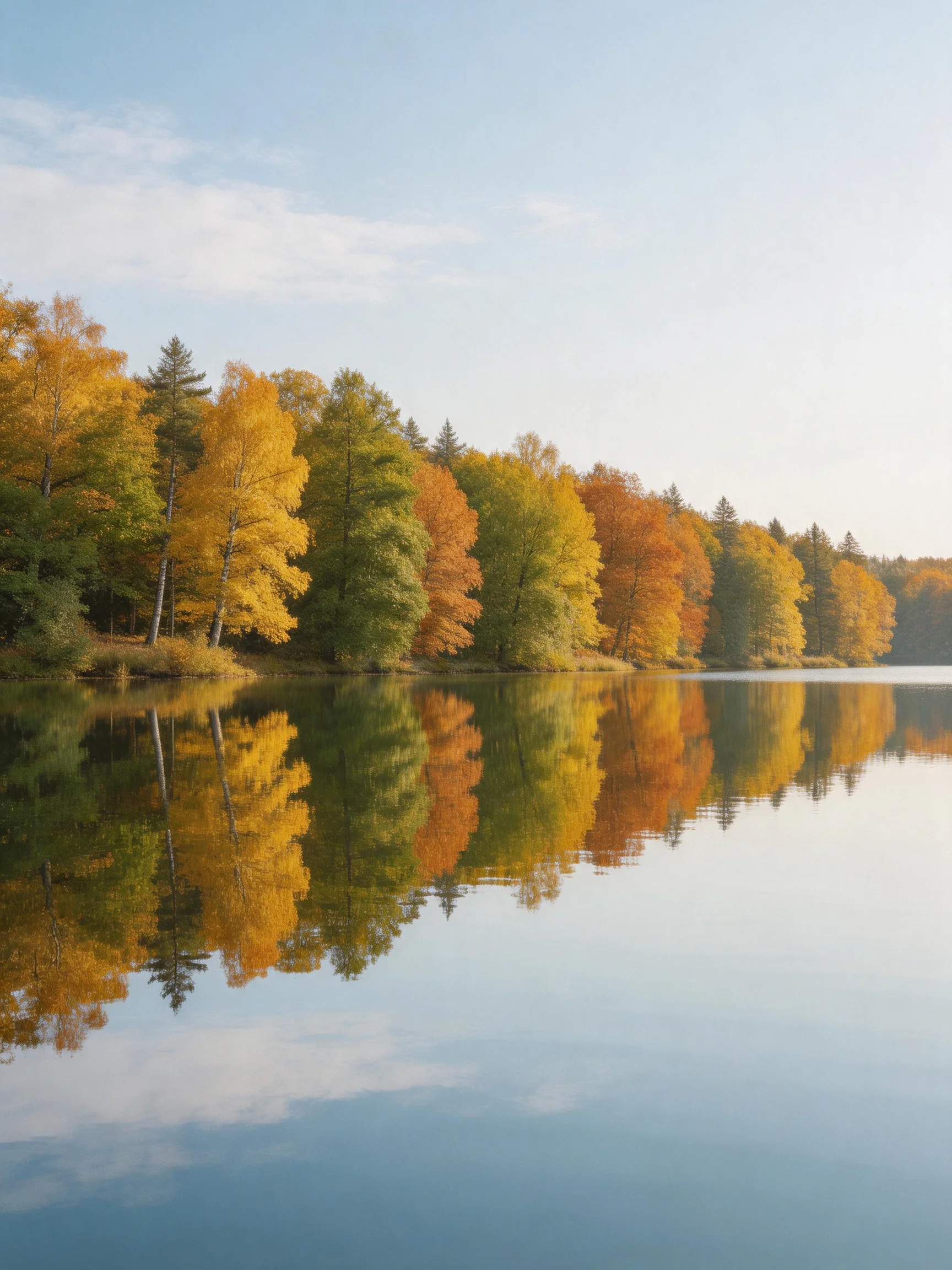 Autumn forest with golden, orange, and green trees reflected in calm water