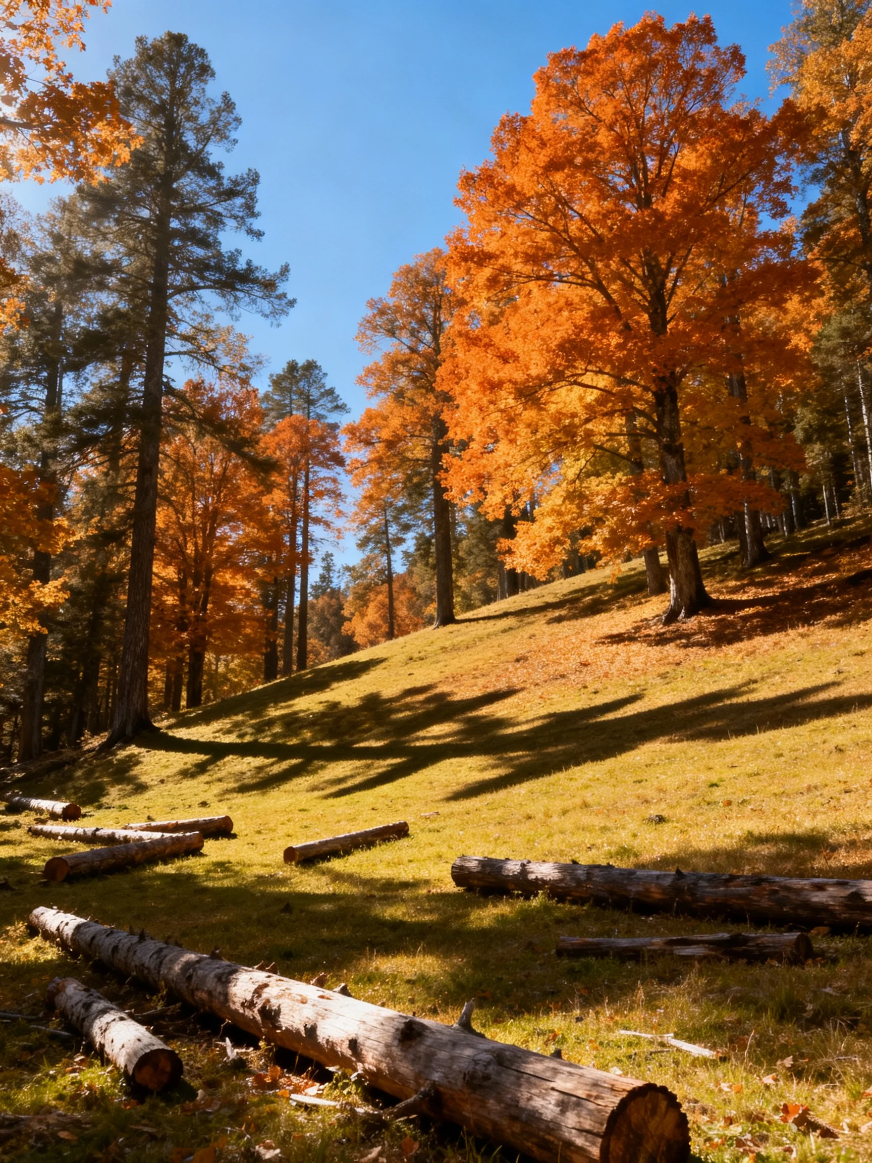 Autumn forest with golden trees and scattered logs on a sunny slope