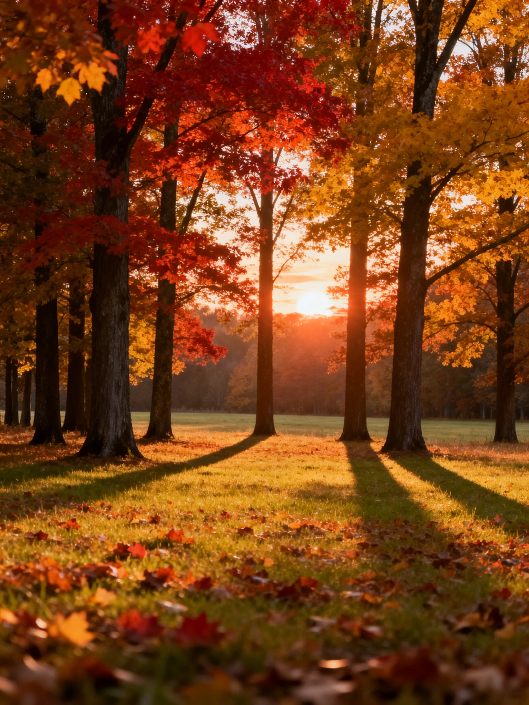 Autumn forest with red, orange, yellow trees under golden sunset