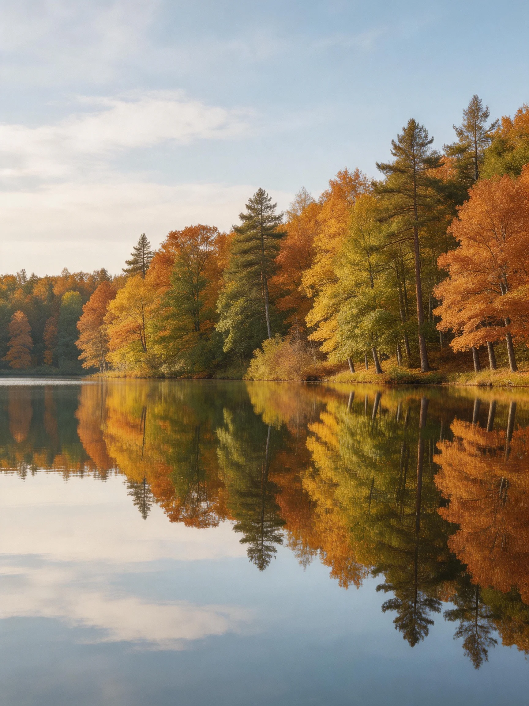 Autumn forest with vibrant foliage reflected in calm lake