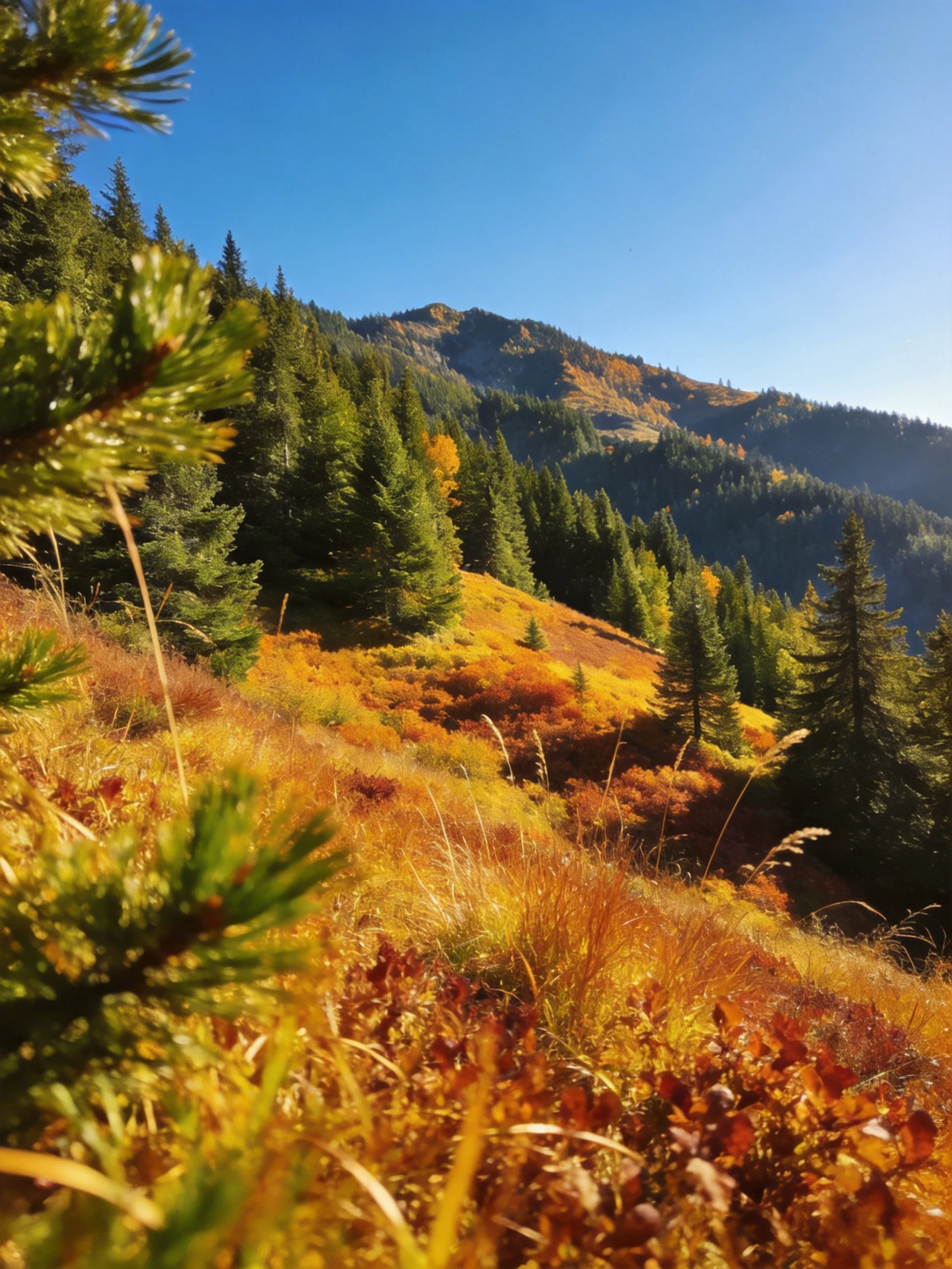 Autumn hills with golden foliage and evergreen forests