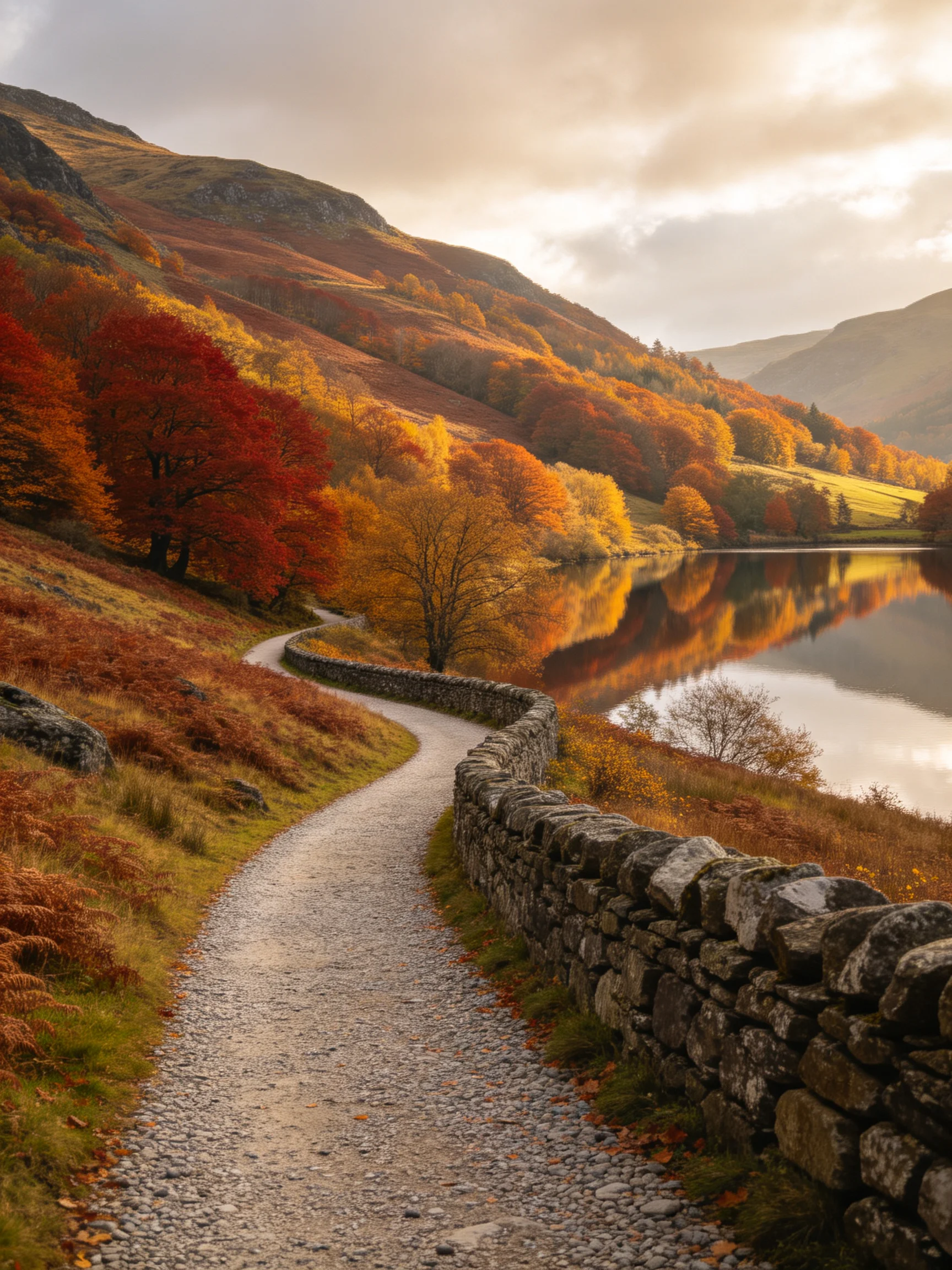 Autumn hills with vibrant foliage, calm lake, and winding gravel path