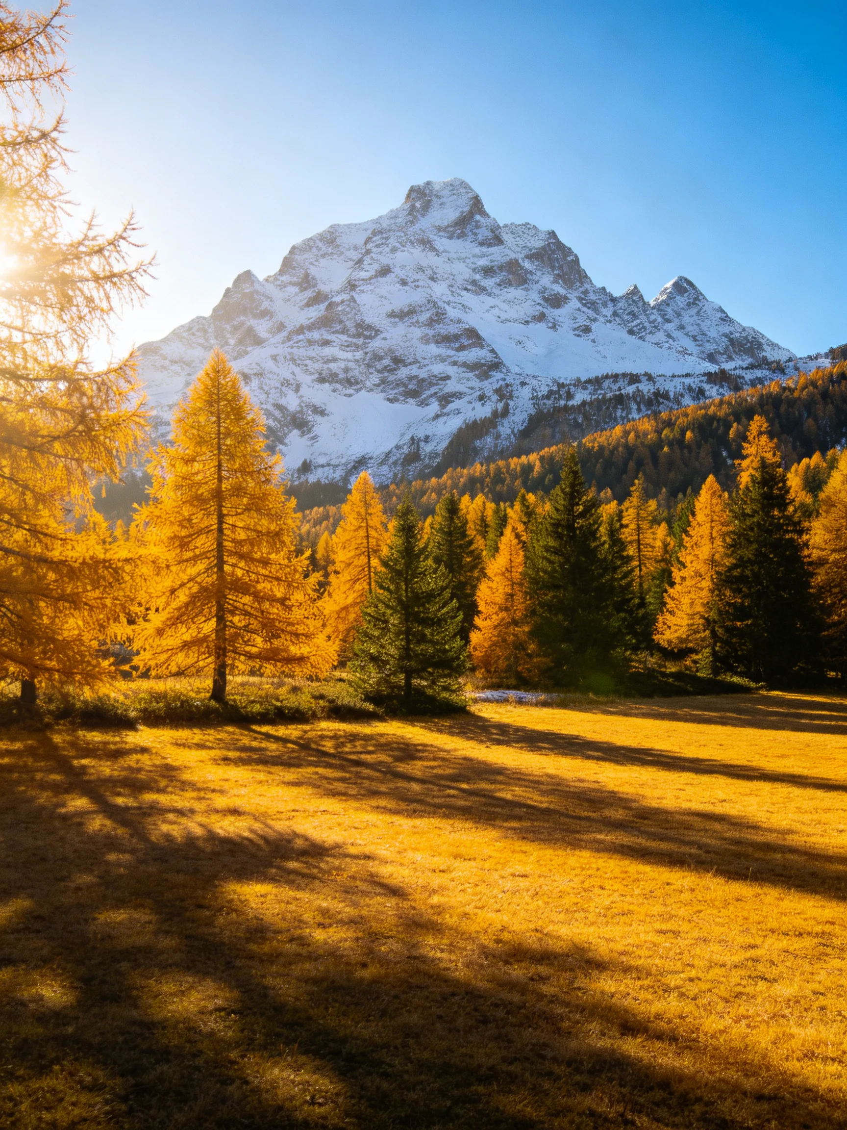Autumn meadow with golden larches, dark pines, and snow - capped mountains