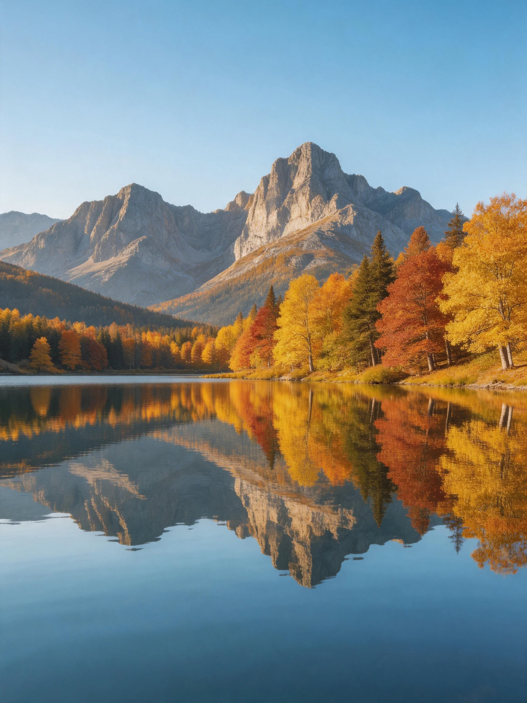 Autumn mountain landscape with colorful trees reflecting in calm lake