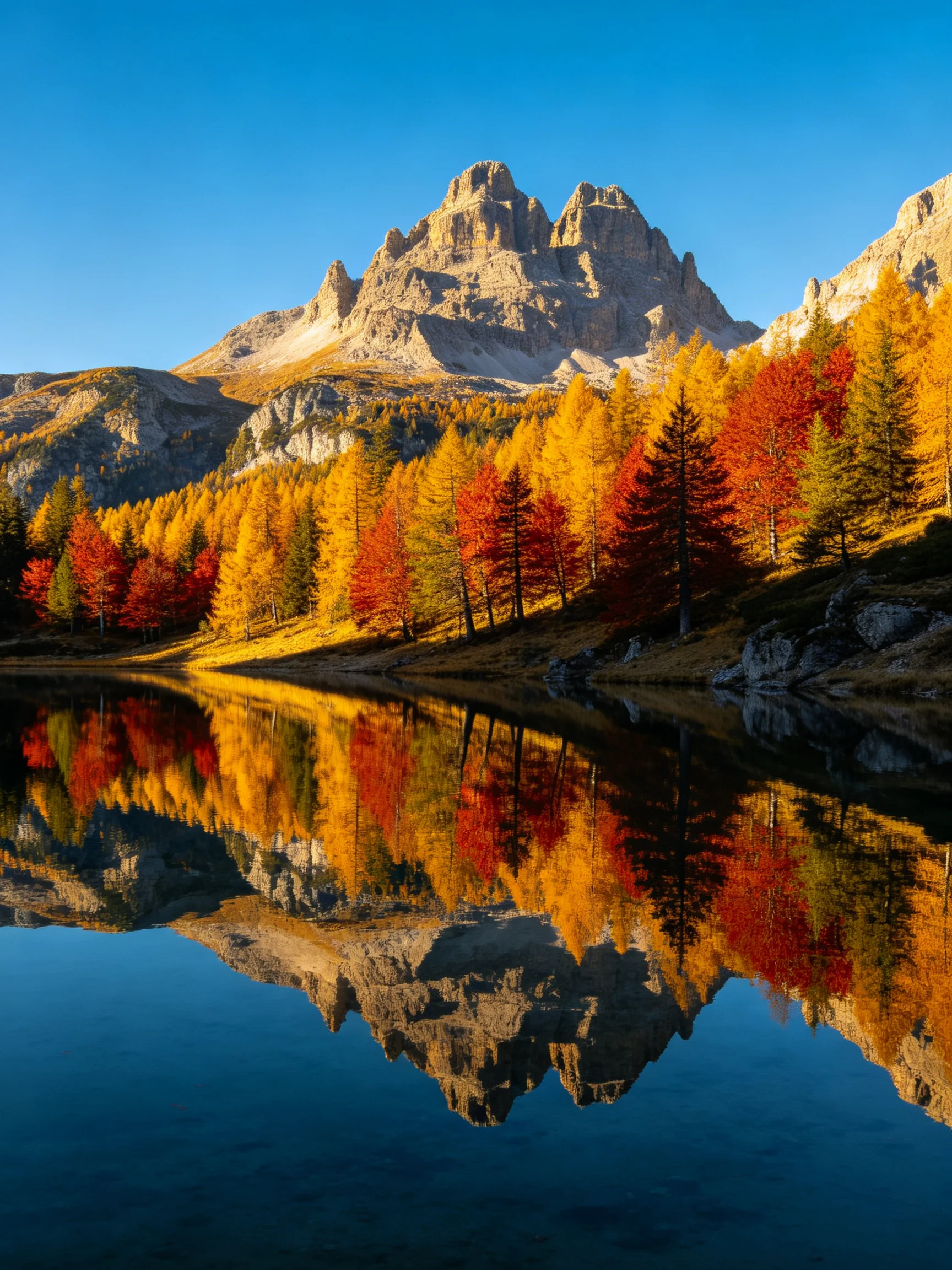 Autumn mountain landscape with vibrant foliage reflecting in calm water
