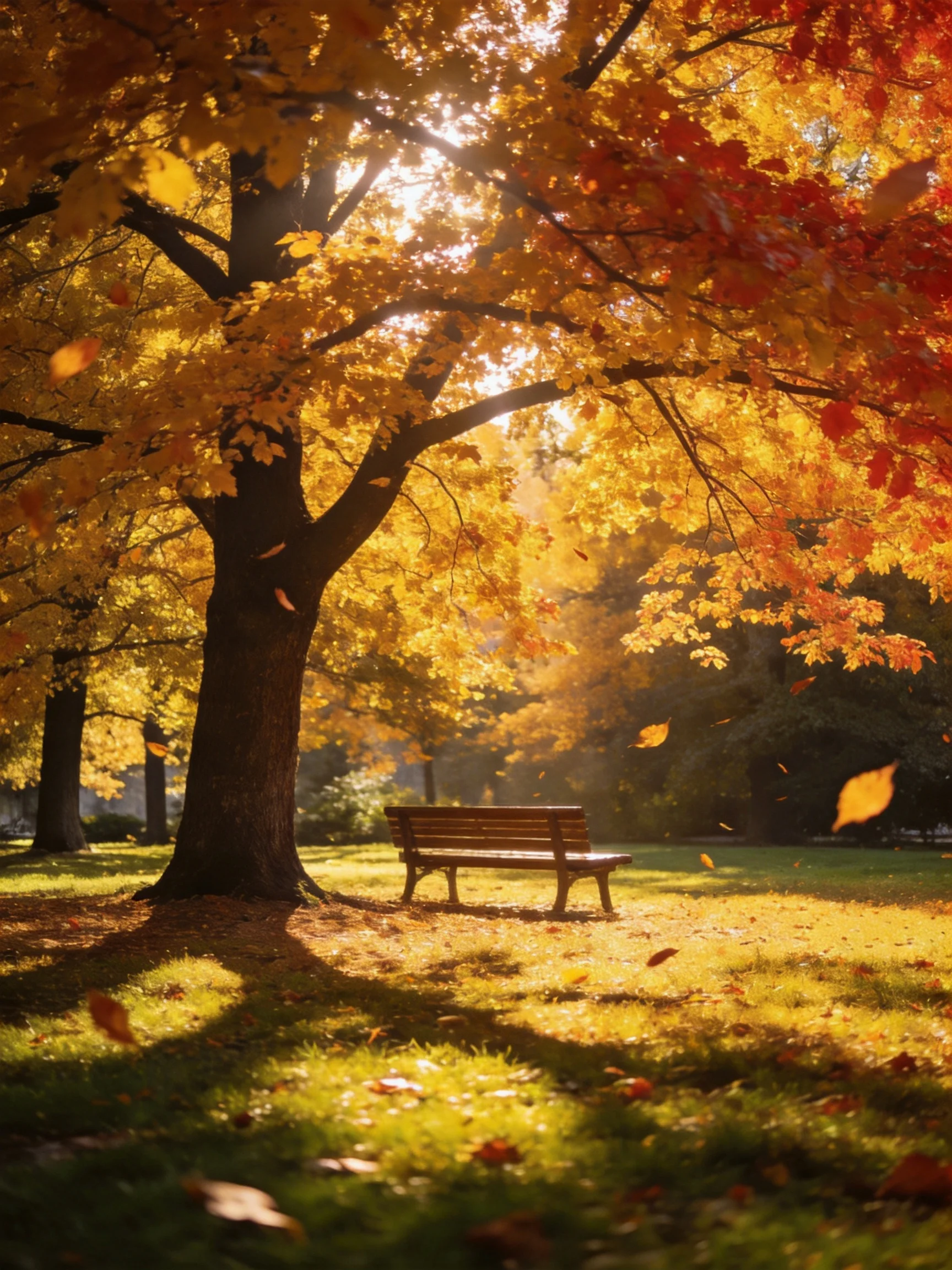 Autumn park with golden foliage and wooden bench under sunlight