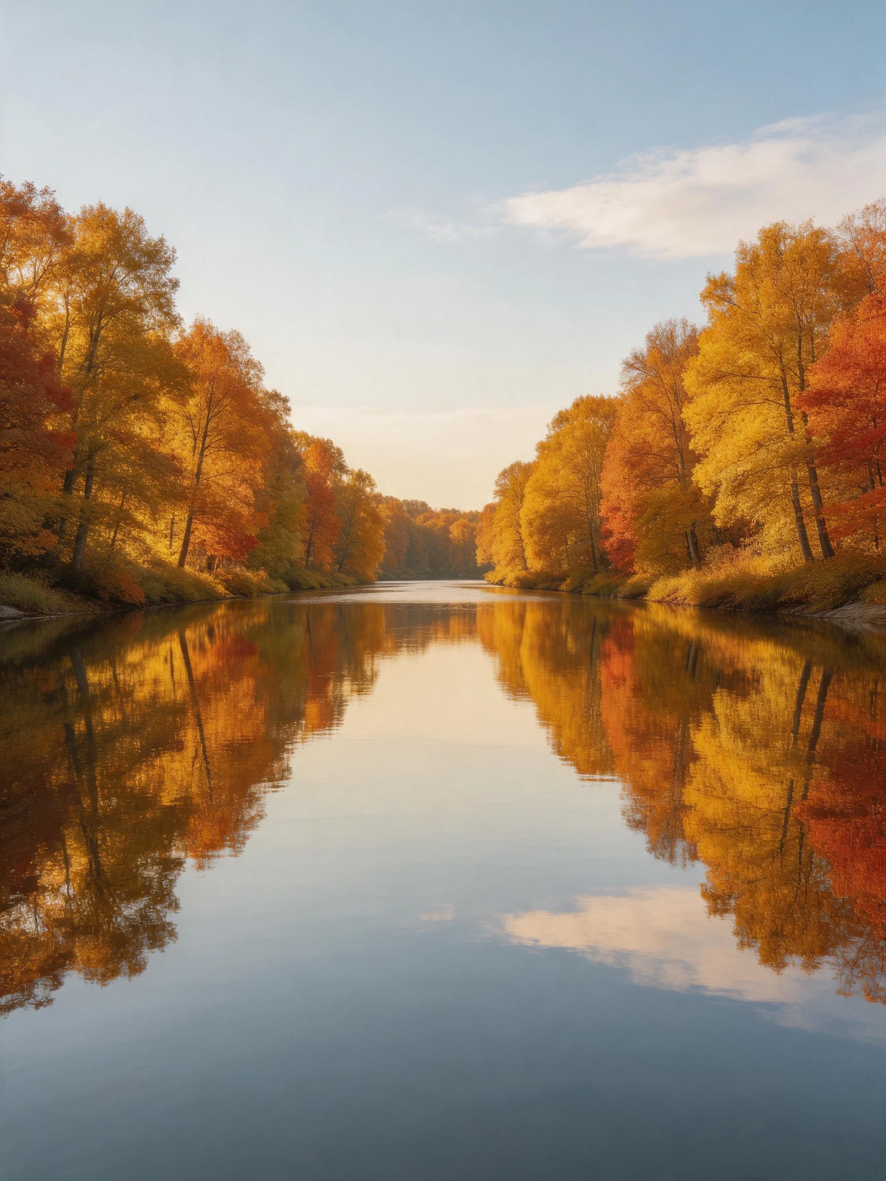 Autumn river reflects golden-orange foliage along calm waters