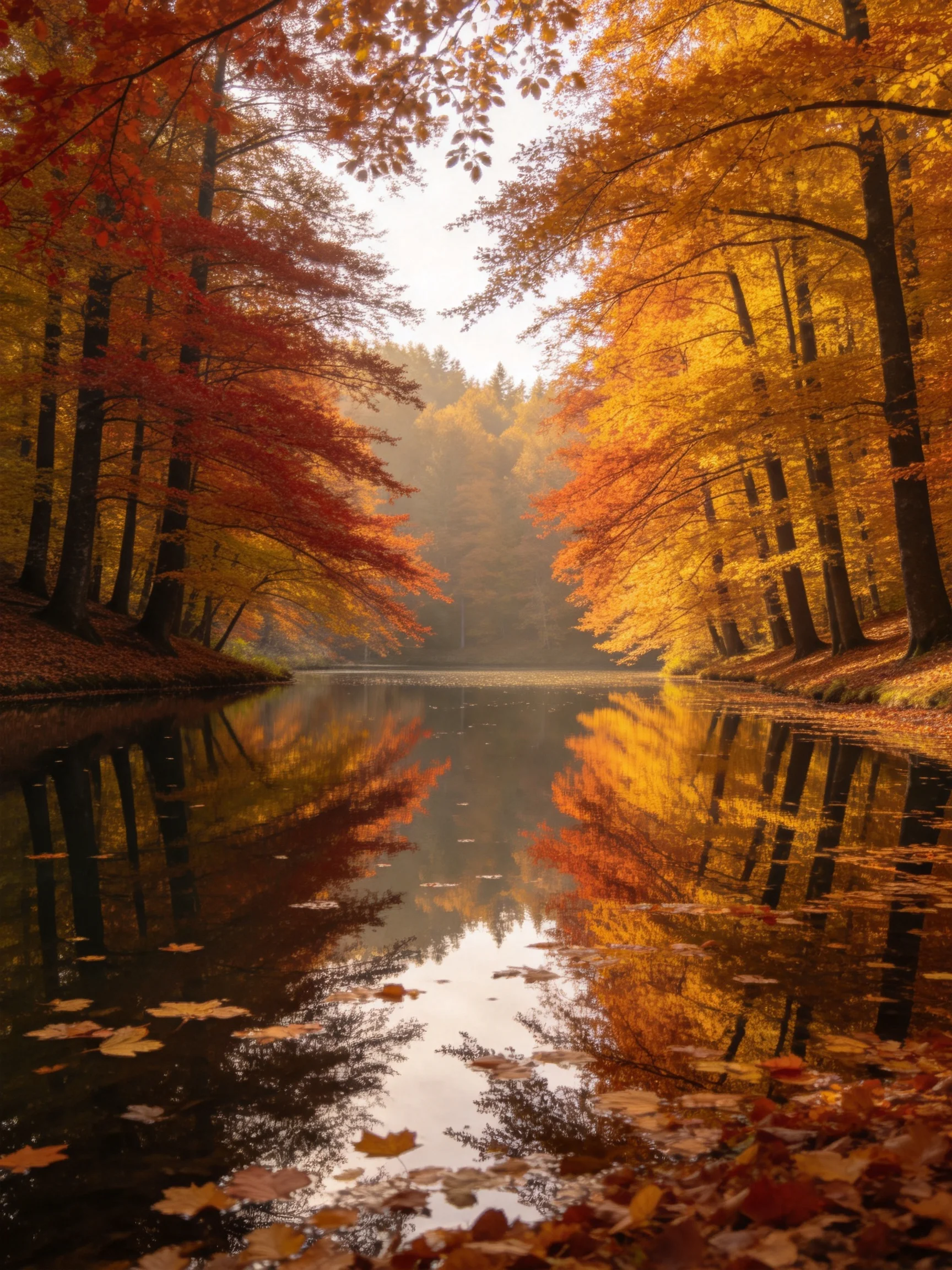 Autumn trees with golden and crimson leaves reflect in a calm river