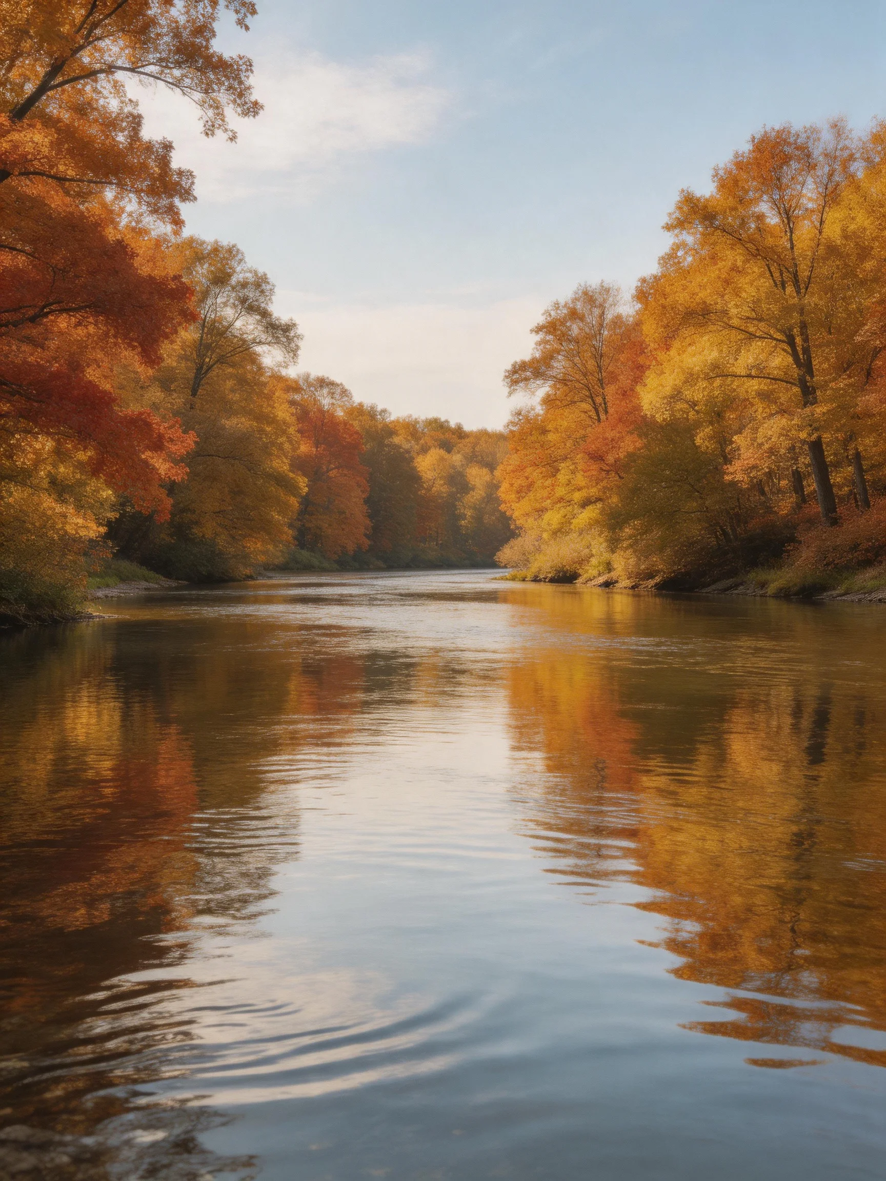 Autumn trees with golden-orange leaves reflect in calm river