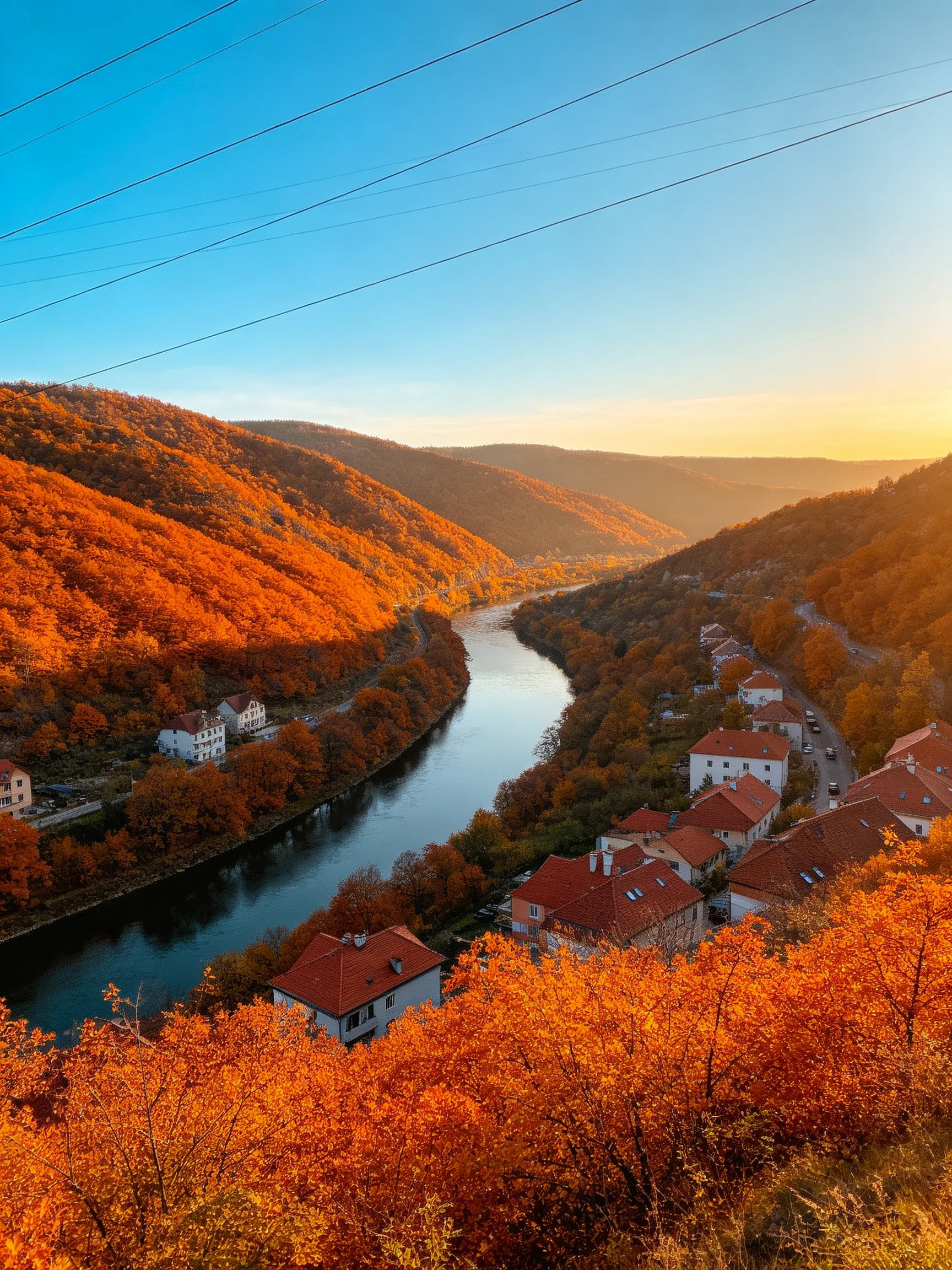 Autumn valley with winding river and red-roofed village