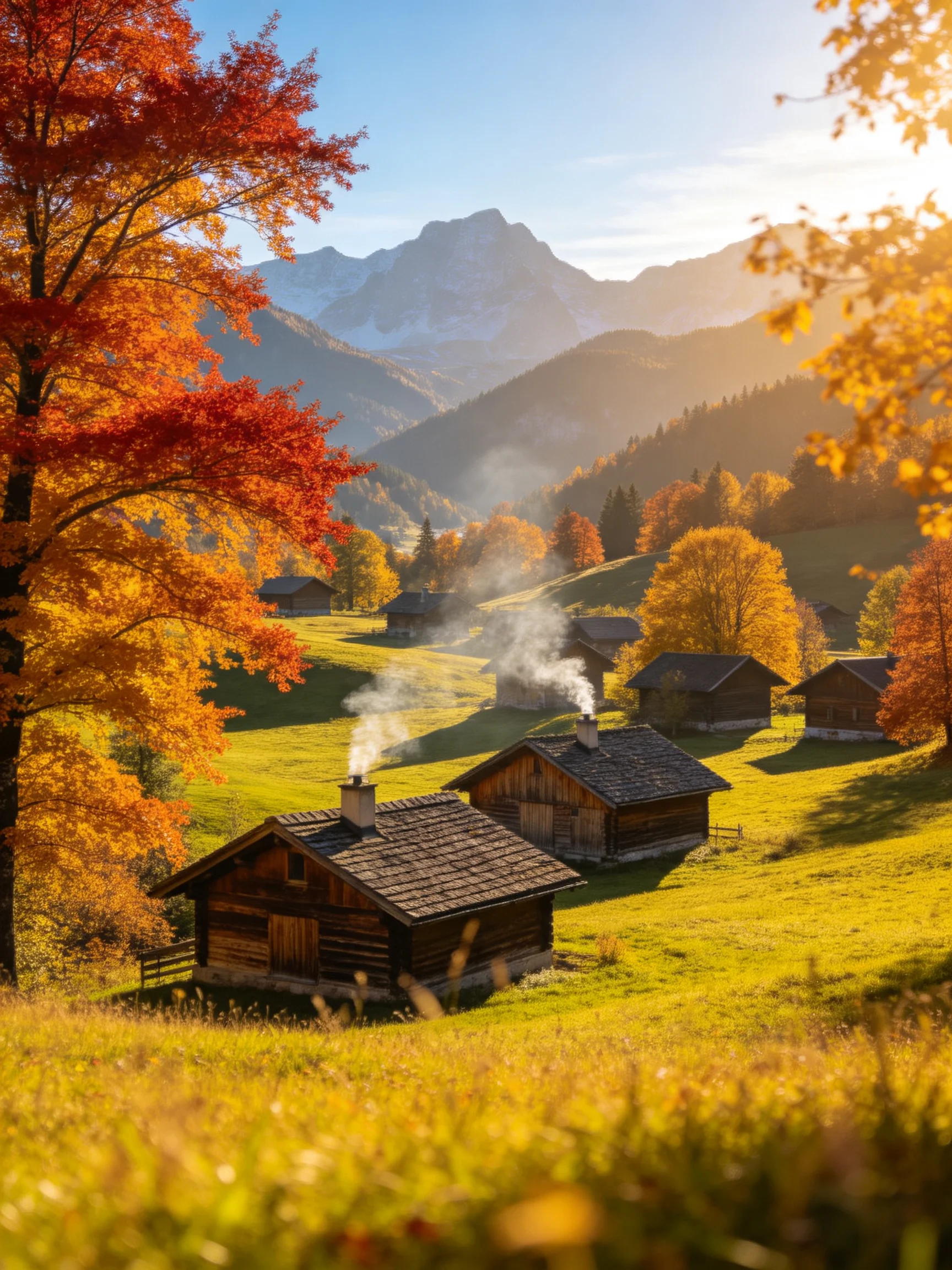 Autumnal countryside with rustic cabins, colorful foliage, and mountain backdrop
