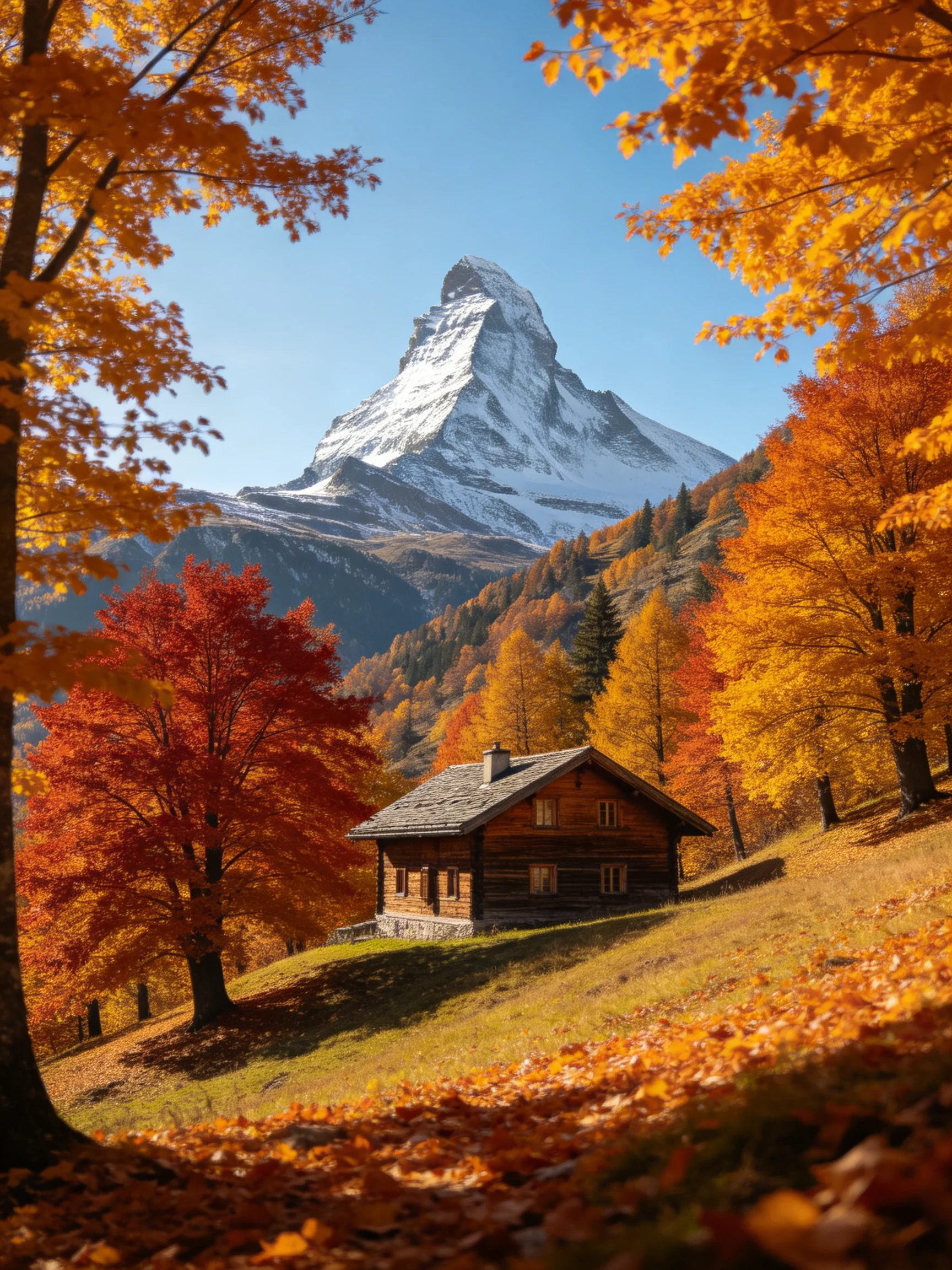 Autumnal scene with vibrant fall foliage, wooden cabin, and snow-topped peak
